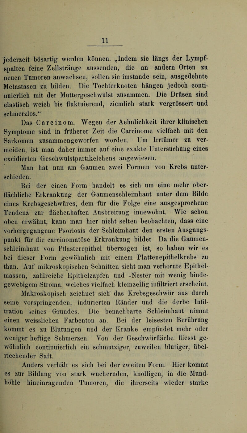 jederzeit bösartig werden können. „Indem sie längs der Lympf- spalten feine Zellstränge aussenden, die an andern Orten zu neuen Tumoren anwachsen, sollen sie imstande sein, ausgedehnte Metastasen zu bilden. Die Tochterknoten hängen jedoch conti- nuierlich mit der Muttergeschwulst zusammen. Die Drüsen sind elastisch weich bis fluktuierend, ziemlich stark vergrössert und schmerzlos.“ Das Carcinom. Wegen der Aehnlichkeit ihrer klinischen Symptome sind in früherer Zeit die Carcinome vielfach mit den Sarkomen zusammen geworfen worden. Um Irrtümer zu ver¬ meiden, ist man daher immer auf eine exakte Untersuchung eines excidierten Geschwulstpartikelchens angewiesen. Man hat nun am Gaumen zwei Formen von Krebs unter¬ schieden. Bei der einen Form handelt es sich um eine mehr ober¬ flächliche Erkrankung der Gaumenschleimhaut unter dem Bilde eines Krebsgeschwüres, dem für die Folge eine ausgesprochene Tendenz zur flächenhaften Ausbreitung innewohnt. Wie schon oben erwähnt, kann man hier nicht selten beobachten, dass eine vorhergegangene Psoriosis der Schleimhaut den ersten Ausgangs¬ punkt für die carcinomatöse Erkrankung bildet Da die Gaumen¬ schleimhaut von Pflasterepithel überzogen ist, so haben wir es bei dieser Form gewöhnlich mit einem Platten epithelkrebs zu thun. Auf mikroskopischen Schnitten sieht man verhornte Epithel¬ massen, zahlreiche Epithelzapfen und -Nester mit wenig binde¬ gewebigem Stroma, welches vielfach kleinzellig infiltriert erscheint. Makroskopisch zeichnet sich' das Krebsgeschwür aus durch seine vorspringenden, indurierten Ränder und die derbe Infil¬ tration seines Grundes. Die benachbarte Schleimhaut nimmt einen weisslichen Farbenton an. Bei der leisesten Berührung kommt es zu Blutungen und der Kranke empfindet mehr oder weniger heftige Schmerzen. Von der Geschwürfläche fliesst ge¬ wöhnlich continuierlich ein schmutziger, zuweilen blutiger, übel¬ riechender Saft. Anders verhält es sich bei der zweiten Form. Hier kommt es zur Bildung von stark wuchernden, knolligen, in die Mund¬ höhle hineinragenden Tumoren, die ihrerseits wieder starke
