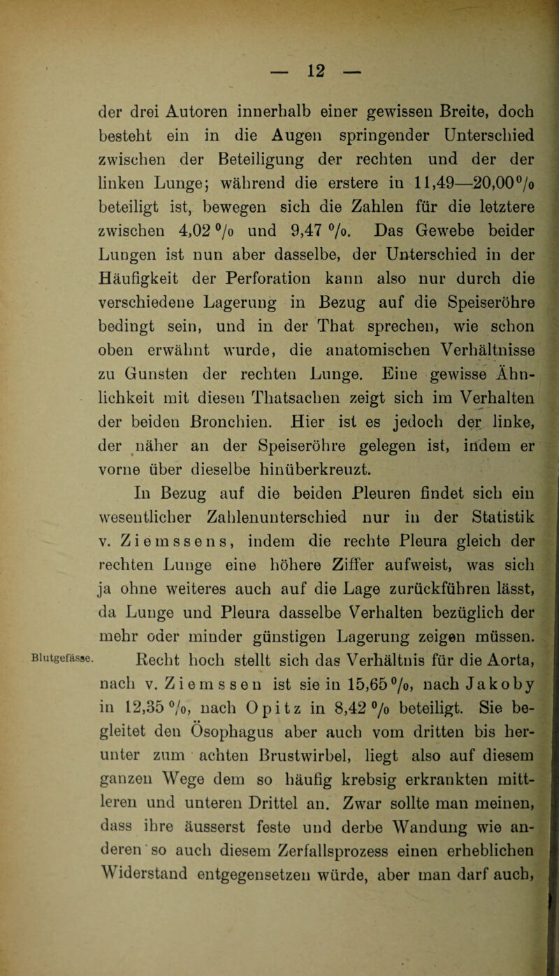 Blutgefässe. der drei Autoren innerhalb einer gewissen Breite, doch besteht ein in die Augen springender Unterschied zwischen der Beteiligung der rechten und der der linken Lunge; während die erstere in 11,49—20,00°/o beteiligt ist, bewegen sich die Zahlen für die letztere zwischen 4,02 °/o und 9,47 °/°- Das Gewebe beider Lungen ist nun aber dasselbe, der Unterschied in der Häufigkeit der Perforation kann also nur durch die verschiedene Lagerung in Bezug auf die Speiseröhre bedingt sein, und in der That sprechen, wie schon oben erwähnt wurde, die anatomischen Verhältnisse zu Gunsten der rechten Lunge. Eine gewisse Ähn¬ lichkeit mit diesen Tliatsachen zeigt sich im Verhalten der beiden Bronchien. Hier ist es jedoch der linke, der näher an der Speiseröhre gelegen ist, indem er vorne über dieselbe hinüberkreuzt. In Bezug auf die beiden Pleuren findet sich ein wesentlicher Zahlenunterschied nur in der Statistik v. Ziemssens, indem die rechte Pleura gleich der rechten Lunge eine höhere Ziffer aufweist, was sich ja ohne weiteres auch auf die Lage zurückführen lässt, da Lunge und Pleura dasselbe Verhalten bezüglich der mehr oder minder günstigen Lagerung zeigen müssen. Recht hoch stellt sich das Verhältnis für die Aorta, nach v. Ziemssen ist sie in 15,65°/o, nach Jakoby in 12,35 °/o, nach Opitz in 8,42 °/o beteiligt. Sie be- • • gleitet den Ösophagus aber auch vom dritten bis her¬ unter zum achten Brustwirbel, liegt also auf diesem ganzen Wege dem so häufig krebsig erkrankten mitt¬ leren und unteren Drittel an. Zwar sollte man meinen, dass ihre äusserst feste und derbe Wandung wie an¬ deren so auch diesem Zerfallsprozess einen erheblichen Widerstand entgegensetzen würde, aber man darf auch,