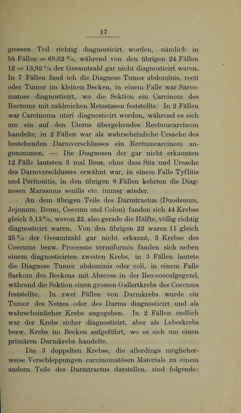 grossen Teil richtig diagnosticirt worden, nämlich in 55 Fällen = 69,62 %, während von den übrigen 24 Fällen 12 = 13,92 % der Gesamtzahl gar nicht diagnosticirt waren. In 7 Fällen fand ich die Diagnose Tumor abdominis, recti oder Tumor im kleinen Becken, in einem Falle war Sarco- matose diagnosticirt, wo die Sektion ein Carcinom des Rectums mit zahlreichen Metastasen feststellte. In 2 Fällen war Carcinoma uteri diagnosticirt worden, während es sich um ein auf den Uterus übergehendes Rectumcarcinom handelte, in 2 Fällen war als wahrscheinliche Ursache des bestehenden Darmverschlusses ein Rectumcarcinom an¬ genommen. — Die Diagnosen der gar nicht erkannten 12 Fälle lauteten 3 mal Ileus, ohne dass Sitz und Ursache des Darmverschlusses erwähnt war, in einem Falle Tyflitis und Peritonitis, in den übrigen 8 Fällen kehrten die Diag- » nosen Marasmus senilis etc. immer wieder. An dem übrigen Teile des Darmtractus (Duodenum, Jejunum, Ileum, Coecum und Colon) fanden sich 44 Krebse gleich 5,13%, wovon 22, also gerade die Hälfte, völlig richtig diagnosticirt waren. Von den übrigen 22 waren 11 gleich 25 % der Gesamtzahl gar nicht erkannt, 3 Krebse des Coecums bezw. Processus vermiformis fanden sich neben einem diagnosticirten zweiten Krebs, in 3 Fällen lautete die Diagnose Tumor abdominis oder coli, in einem Falle Sarkom des Beckens mit Abscess in der Ileo-coecalgegend, während die Sektion einen grossen Gallertkrebs des Coecums feststellte. In zwei Fällen von Darmkrebs wurde ein Tumor des Netzes oder des Darms diagnosticirt und als wahrscheinlicher Krebs angegeben. In 2 Fällen endlich war der Krebs sicher diagnosticirt, aber als Leberkrebs bezw. Krebs im Becken aufgeführt, wo es sich um einen primären Darmkrebs handelte. Die 3 doppelten Krebse, die allerdings möglicher¬ weise Verschleppungen carcinomatösen Materials zu einem andern Teile des Darmtractus darstellen, sind folgende:
