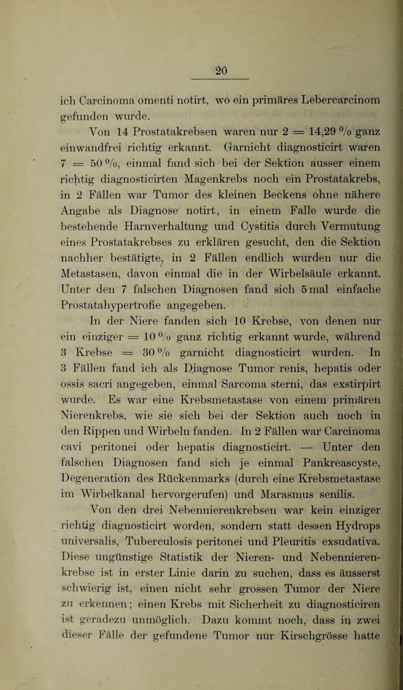 ich Carcinoma omenti notirt, wo ein primäres Lebercarcinom gefunden wurde. Von 14 Prostatakrebsen waren nur 2 = 14,29 % ganz einwandfrei richtig erkannt. Garnicht diagnosticirt waren 7 = 50 %, einmal fand sich bei der Sektion ausser einem richtig diagnosticirten Magenkrebs noch ein Prostatakrebs, in 2 Fällen war Tumor des kleinen Beckens ohne nähere Angabe als Diagnose notirt, in einem Falle wurde die bestehende Harnverhaltung und Cystitis durch Vermutung eines Prostatakrebses zu erklären gesucht, den die Sektion nachher bestätigte, in 2 Fällen endlich wurden nur die Metastasen, davon einmal die in der Wirbelsäule erkannt. Unter den 7 falschen Diagnosen fand sich 5 mal einfache Prostatahypertrofie angegeben. ln der Niere fanden sich 10 Krebse, von denen nur ein einziger = 10 % ganz richtig erkannt wurde, während 3 Krebse = 30 % garnicht diagnosticirt wurden. In 3 Fällen fand ich als Diagnose Tumor renis, hepatis oder ossis sacri angegeben, einmal Sarcoma sterni, das exstirpirt wurde. Es war eine Krebsmetastase von einem primären Nierenkrebs, wie sie sich bei der Sektion auch noch in den Rippen und Wirbeln fanden. In 2 Fällen war Carcinoma cavi peritonei oder hepatis diagnosticirt. — Unter den falschen Diagnosen fand sich je einmal Pankreascyste, Degeneration des Rückenmarks (durch eine Krebsmetastase im Wirbelkanal hervorgerufen) und Marasmus senilis. Von den drei Nebennierenkrebsen war kein einziger richtig diagnosticirt worden, sondern statt dessen Hydrops universalis, Tuberculosis peritonei und Pleuritis exsudativa. Diese ungünstige Statistik der Nieren- und Nebennieren¬ krebse ist in erster Linie darin zu suchen, dass es äusserst schwierig ist, einen nicht sehr grossen Tumor der Niere zu erkennen; einen Krebs mit Sicherheit zu diagnosticiren ist geradezu unmöglich. Dazu kommt noch, dass in zwei dieser Fälle der gefundene Tumor nur Kirschgrösse hatte