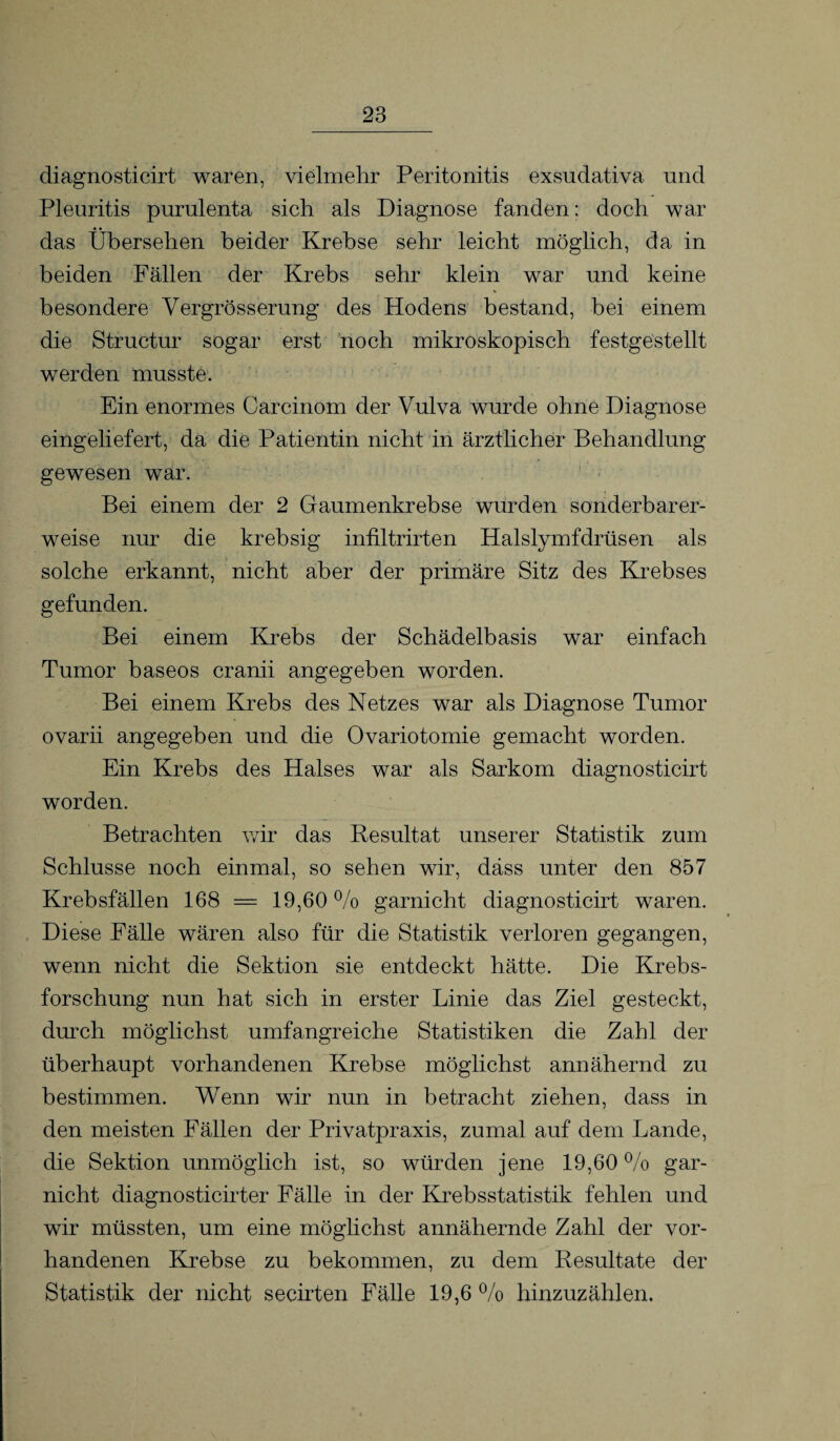 diagnosticirt waren, vielmehr Peritonitis exsudativa und Pleuritis purulenta sich als Diagnose fanden: doch war das Übersehen beider Krebse sehr leicht möglich, da in beiden Fällen der Krebs sehr klein war und keine besondere Yergrösserung des Hodens bestand, bei einem die Structur sogar erst noch mikroskopisch festgestellt werden musste. Ein enormes Carcinom der Vulva wurde ohne Diagnose eingeliefert, da die Patientin nicht in ärztlicher Behandlung gewesen war. Bei einem der 2 Gaumenkrebse wurden sonderbarer¬ weise nur die krebsig infiltrirten Halslymfdrüsen als solche erkannt, nicht aber der primäre Sitz des Krebses gefunden. Bei einem Krebs der Schädelbasis war einfach Tumor baseos cranii angegeben worden. Bei einem Krebs des Netzes war als Diagnose Tumor ovarü angegeben und die Ovariotomie gemacht worden. Ein Krebs des Halses war als Sarkom diagnosticirt worden. Betrachten wir das Resultat unserer Statistik zum Schlüsse noch einmal, so sehen wir, dass unter den 857 Krebsfällen 168 = 19,60 % garnicht diagnosticirt waren. Diese Fälle wären also für die Statistik verloren gegangen, wenn nicht die Sektion sie entdeckt hätte. Die Krebs¬ forschung nun hat sich in erster Linie das Ziel gesteckt, durch möglichst umfangreiche Statistiken die Zahl der überhaupt vorhandenen Krebse möglichst annähernd zu bestimmen. Wenn wir nun in betracht ziehen, dass in den meisten Fällen der Privatpraxis, zumal auf dem Lande, die Sektion unmöglich ist, so würden jene 19,60 % gar¬ nicht diagnosticirter Fälle in der Krebsstatistik fehlen und wir müssten, um eine möglichst annähernde Zahl der vor¬ handenen Krebse zu bekommen, zu dem Resultate der Statistik der nicht secirten Fälle 19,6 % hinzuzählen.