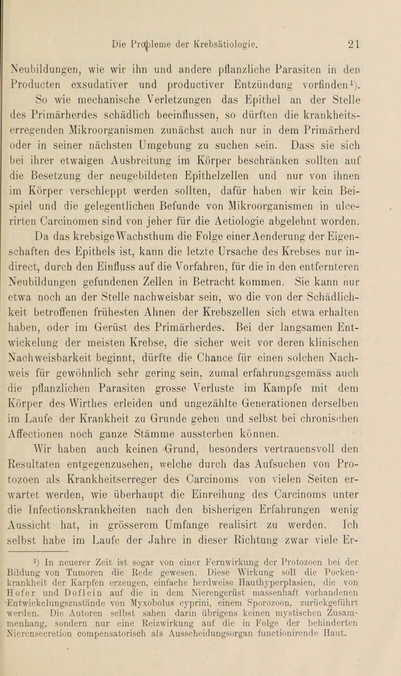 Neubildungen, wie wir ihn und andere pflanzliche Parasiten in den Producten exsudativer und productiver Entzündung vorfinden1). So wie mechanische Verletzungen das Epithel an der Stelle des Primärherdes schädlich beeinflussen, so dürften die krankheits¬ erregenden Mikroorganismen zunächst auch nur in dem Primärherd oder in seiner nächsten Umgebung zu suchen sein. Dass sie sich bei ihrer etwaigen Ausbreitung im Körper beschränken sollten auf die Besetzung der neugebildeten Epithelzellen und nur von ihnen im Körper verschleppt werden sollten, dafür haben wir kein Bei¬ spiel und die gelegentlichen Befunde von Mikroorganismen in ulce- rirten Carcinomen sind von jeher für die Aetiologie abgelehnt worden. Da das krebsigeWachsthum die Folge einer Aenderung der Eigen¬ schaften des Epithels ist, kann die letzte Ursache des Krebses nur in- direct, durch den Einfluss auf die Vorfahren, für die in den entfernteren Neubildungen gefundenen Zellen in Betracht kommen. Sie kann nur etwa noch an der Stelle nachweisbar sein, wo die von der Schädlich¬ keit betroffenen frühesten Ahnen der Krebszellen sich etwa erhalten haben, oder im Gerüst des Primärherdes. Bei der langsamen Ent¬ wickelung der meisten Krebse, die sicher weit vor deren klinischen Nachweisbarkeit beginnt, dürfte die Chance für einen solchen Nach¬ weis für gewöhnlich sehr gering sein, zumal erfahrungsgemäss auch die pflanzlichen Parasiten grosse Verluste im Kampfe mit dem Körper des Wirthes erleiden und ungezählte Generationen derselben im Laufe der Krankheit zu Grunde gehen und selbst bei chronischen Affectionen noch ganze Stämme aussterben können. Wir haben auch keinen Grund, besonders vertrauensvoll den Resultaten entgegenzusehen, welche durch das Aufsuchen von Pro¬ tozoen als Krankheitserreger des Carcinoms von vielen Seiten er¬ wartet werden, wie überhaupt die Einreihung des Carcinoms unter die Infectionskrankheiten nach den bisherigen Erfahrungen wenig Aussicht hat, in grösserem Umfange realisirt zu werden. Ich selbst habe im Laufe der Jahre in dieser Richtung zwar viele Er- r) In neuerer Zeit ist sogar von einer Fernwirkung der Protozoen bei der Bildung von Tumoren die Rede gewesen. Diese Wirkung soll die Pocken¬ krankheit der Karpfen erzeugen, einfache herdweise Hauthyperplasien, die von Hofer und Dofiein auf die in dem Nierengerüst massenhaft vorhandenen 'Entwickelungszustände von Myxobolus cyprini, einem Sporozoon, zurückgeführt werden. Die Autoren selbst sahen darin übrigens keinen mystischen Zusam¬ menhang, sondern nur eine Reizwirkung auf die in Folge der behinderten Niercnsecretion compensatorisch als Ausscheidungsorgan functionirende Haut.