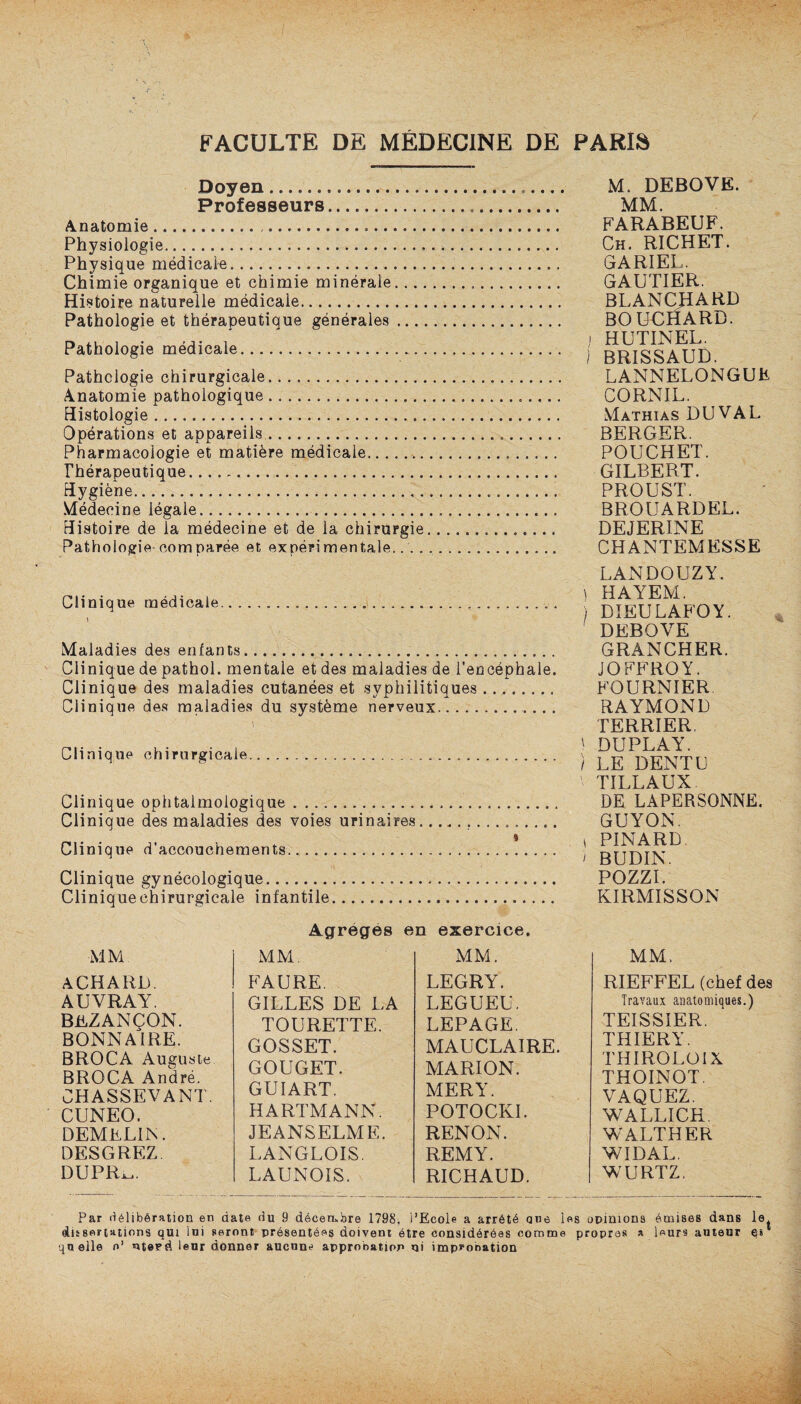 Doyen. Professeurs. Anatomie.*. Physiologie. Physique médicale. Chimie organique et chimie minérale. ... Histoire naturelle médicale.. Pathologie et thérapeutique générales ... Pathologie médicale... Pathologie chirurgicale. Anatomie pathologique. Histologie. Opérations et appareils. Pharmacologie et matière médicale. Thérapeutique. Hygiène. Médecine légale. Histoire de la médecine et de la chirurgie Pathologie comparée et, expérimentale.... Clinique médicale.. . Maladies des enfants. Clinique de pathol. mentale et des maladies de l’encéphale. Clinique des maladies cutanées et syphilitiques. Clinique des maladies du système nerveux. Clinique chirurgicale... Clinique ophtalmologique. Clinique des maladies des voies urinaires............... » Clinique d'accouchements... Clinique gynécologique. Cliniquechirurgicale infantile... M. DEBOVE. MM. FARABEUF. Ch. RICHET. GARIEL. GAUTIER. BLANCHARD BOUCHARD. ! HUTINEL. ) BRISSAUD. LANNELONGUF CORNIL. Mathias DUVAL BERGER. POUCHET. GILBERT. PROUST. BROUARDEL. DEJERINE CHANTEMESSE LANDOUZY. ) HAYEM. ) DIEULAFOY. DEBOVE GRANCHER. JOFFROY. FOURNIER RAYMOND TERRIER, ' DUPLAY. / LE DENTE \ TILLAUX. DE LAPERSONNE. GUYON. » PINARD i BUDIN. PH77T KIRMISSON MM. ACHARD. AUVRAY. BEZANCON. BONNAIRE. BROCA Auguste BROCA André. CHASSEVANT. CUNEO. DEMELES. DESGREZ. DUPR^. Agrèges MM. FAURE. GILLES DE LA TOURETTE. GOSSET. GOUGET. GUIART. HARTMANN. JEANSELME. LANGLOIS. LAUNOIS. en exercice. MM. LEGRY. LEGUEE. LEPAGE. MAUCLAIRE. MARION. MER Y. POTOCKI. RENON. REMY. RICHAUD. MM. RIEFFEL (chef des Travaux anatomiques.) TEISSIER. THIERY. THIROLOIX THOINOT. VAQUEZ. WALLICR. WALTHER WIDAL. WURTZ. Par délibération en date du 9 décembre 1798, l’Ecole a arrêté ane les opinions émises dans le. dissertations qui lui seront présentées doivent être considérées comme propres a leurs auteur es1 quelle o’ nterd leur donner aucune approbation ni improbation