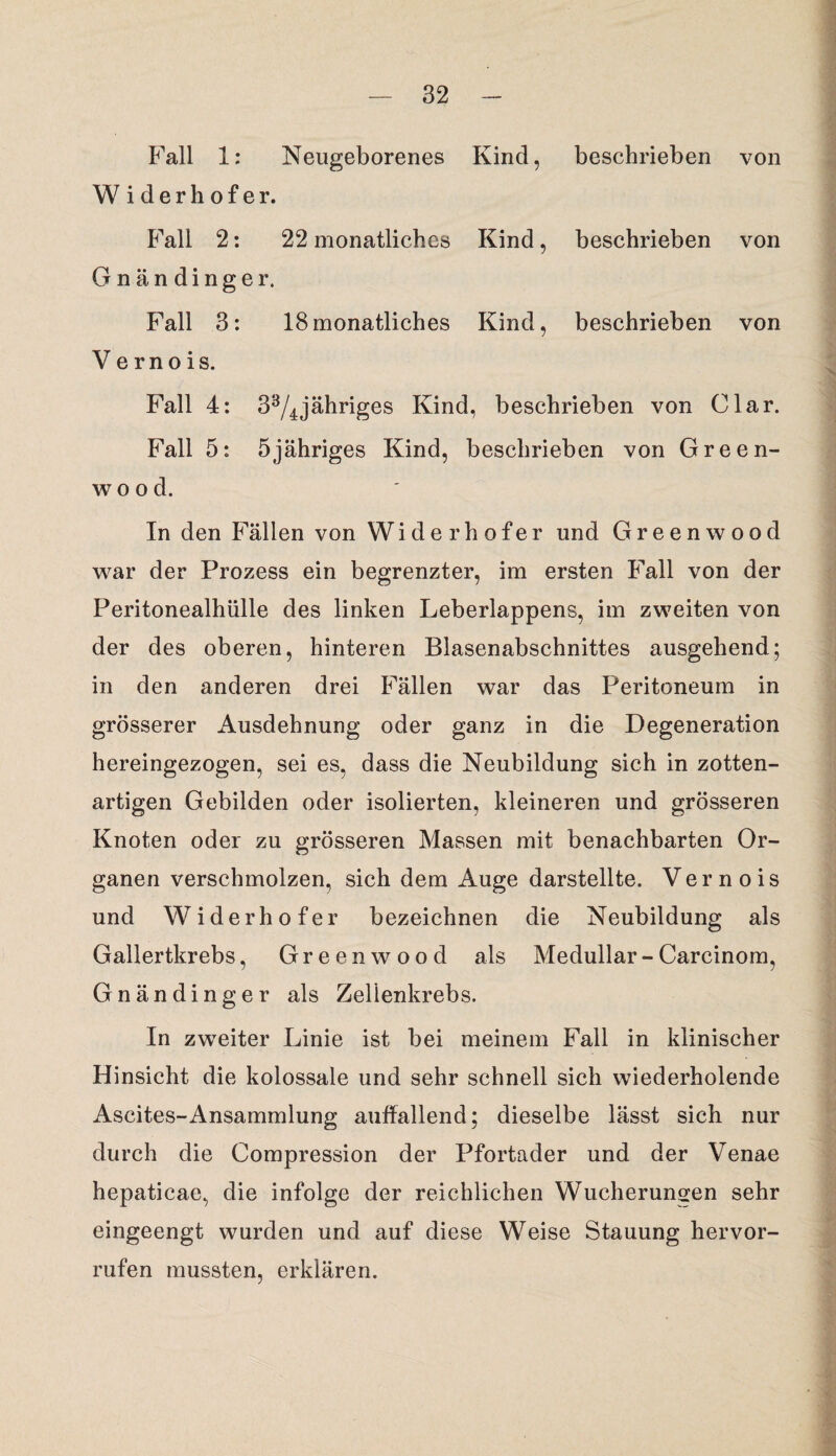 Fall 1: Neugeborenes Kind, beschrieben von Wider hofer. Fall 2: 22 monatliches Kind, beschrieben von Gnändinger. Fall 3: 18monatliches Kind, beschrieben von Vernois. Fall 4: 33/4 jähriges Kind, beschrieben von Clar. Fall 5: 5jähriges Kind, beschrieben von Green- wood. In den Fällen von Wider hofer und Green wood war der Prozess ein begrenzter, im ersten Fall von der Peritonealhülle des linken Leberlappens, im zweiten von der des oberen, hinteren Blasenabschnittes ausgehend; in den anderen drei Fällen war das Peritoneum in grösserer Ausdehnung oder ganz in die Degeneration hereingezogen, sei es, dass die Neubildung sich in zotten¬ artigen Gebilden oder isolierten, kleineren und grösseren Knoten oder zu grösseren Massen mit benachbarten Or¬ ganen verschmolzen, sich dem Auge darstellte. Vernois und Wider hofer bezeichnen die Neubildung als Gallertkrebs, Green wood als Medullär - Carcinom, Gnändinger als Zellenkrebs. In zweiter Linie ist bei meinem Fall in klinischer Hinsicht die kolossale und sehr schnell sich wiederholende Ascites-Ansammlung auffallend; dieselbe lässt sich nur durch die Compression der Pfortader und der Venae hepaticae, die infolge der reichlichen Wucherungen sehr eingeengt wurden und auf diese Weise Stauung hervor- rufen mussten, erklären.