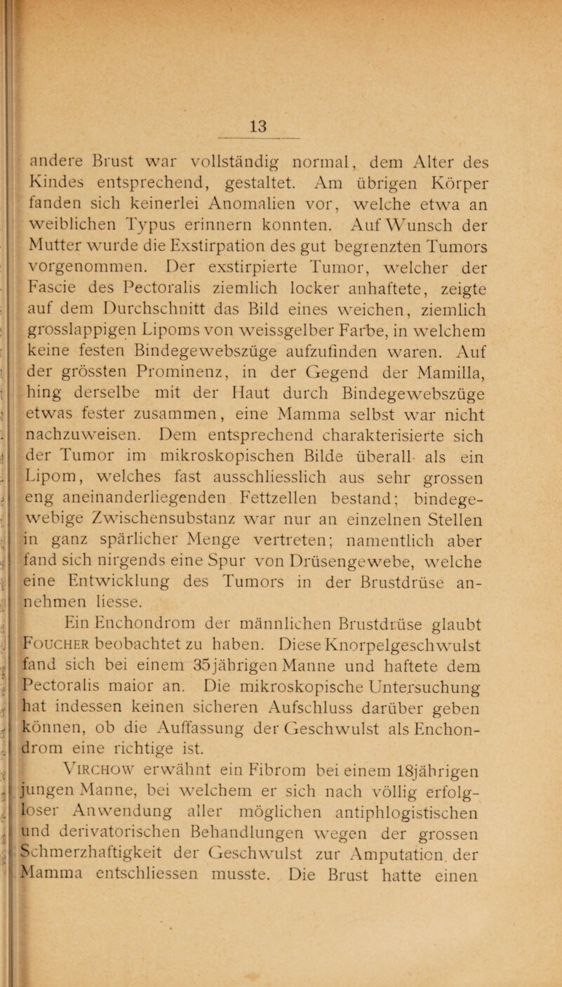 f 13 andere Brust war vollständig normal, dem Alter des Kindes entsprechend, gestaltet. Am übrigen Körper fanden sich keinerlei Anomalien vor, welche etwa an weiblichen Typus erinnern konnten. Auf Wunsch der Mutter wurde die Exstirpation des gut begrenzten Tumors vorgenommen. Der exstirpierte Tumor, welcher der Fascie des Pectoralis ziemlich locker anhaftete, zeigte auf dem Durchschnitt das Bild eines weichen, ziemlich grosslappigen Lipoms von weissgelber Farbe, in welchem keine festen Bindegewebszüge aufzufmden waren. Auf der grössten Prominenz, in der Gegend der Mamilla, hing derselbe mit der Haut durch Bindegewebszüge etwas fester zusammen, eine Mamma selbst war nicht nachzuweisen. Dem entsprechend charakterisierte sich der Tumor im mikroskopischen Bilde überall als ein Lipom, welches fast ausschliesslich aus sehr grossen eng aneinanderliegenden Fettzellen bestand; bindege¬ webige Zwischensubstanz war nur an einzelnen Stellen in ganz spärlicher Menge vertreten; namentlich aber fand sich nirgends eine Spur von Drüsengewebe, welche eine Entwicklung des Tumors in der Brustdrüse an¬ nehmen liesse. Ein Enchondrom der männlichen Brustdrüse glaubt Foucher beobachtet zu haben. Diese Knorpelgeschwulst fand sich bei einem 35jäbrigen Manne und haftete dem Pectoralis maior an. Die mikroskopische Untersuchung hat indessen keinen sicheren Aufschluss darüber geben können, ob die Auffassung der Geschwulst als Enchon¬ drom eine richtige ist. Virchow erwähnt ein Fibrom bei einem 18jährigen jungen Manne, bei welchem er sich nach völlig erfolg¬ loser Anwendung aller möglichen antiphlogistischen und derivatorischen Behandlungen wegen der grossen Schmerzhaftigkeit der Geschwulst zur Amputation der Mamma entschliessen musste. Die Brust hatte einen