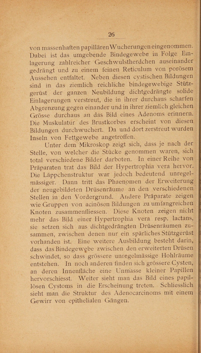 von massenhaften papillären Wucherungen eingenommen. Dabei ist das umgebende Bindegewebe in Folge Ein¬ lagerung zahlreicher Geschwulstherdchen auseinander gedrängt und zu einem feinen Reticulum von poiösem Aussehen entfaltet. Neben diesen cystischen Bildungen sind in das ziemlich reichliche bindegewebige Stütz¬ gerüst der ganzen Neubildung dichtgedrängte solide Einlagerungen verstreut, die in ihrer durchaus scharfen Abgrenzung gegen einander und in ihrer ziemlich gleichen Grösse durchaus an das Bild eines Adenoms ei innein. Die Muskulatur des Brustkorbes erscheint von diesen Bildungen durch wuchert. Da und dort zerstreut wurden Inseln von Fettgewebe angetroffen. Unter dem Mikroskop zeigt sich, dass je nach dei Stelle, von welcher die Stücke genommen waren, sich total verschiedene Bilder darboten. In einer Reihe von Präparaten trat das Bild der Hypertrophia vera hervor. Die Läppchenstruktur war jedoch bedeutend unregel¬ mässiger. Dann tritt das Phaenomen der Erweiterung der neugebildeten Drüsenräume an den verschiedenen Stellen in den Vordergrund. Andere Präparate zeigen wie Gruppen von acinösen Bildungen zu umtangreichen Knoten zusammenfliessen. Diese Knoten zeigen nicht mehr das Bild einer Hypertrophia vera resp. lactans, sie setzen sich aus dichtgedrängten Drüsenräumen zu¬ sammen, zwischen denen nur ein spärliches Stützgerüst vorhanden ist. Eine weitere Ausbildung besteht darin, dass das Bindegewebe zwischen den erweiterten Drüsen schwindet, so dass grössere unregelmässige Hohlräume entstehen. In noch anderen finden sich grössere Cysten, an deren Innenfläche eine Unmasse kleiner Papillen hervorschiesst. Weiter sieht man das Bild eines papil- lösen Cystoms in die Erscheinung treten. Schliesslich sieht man die Struktur des Adenocarcinoms mit einem Gewirr von epithelialen Gängen.