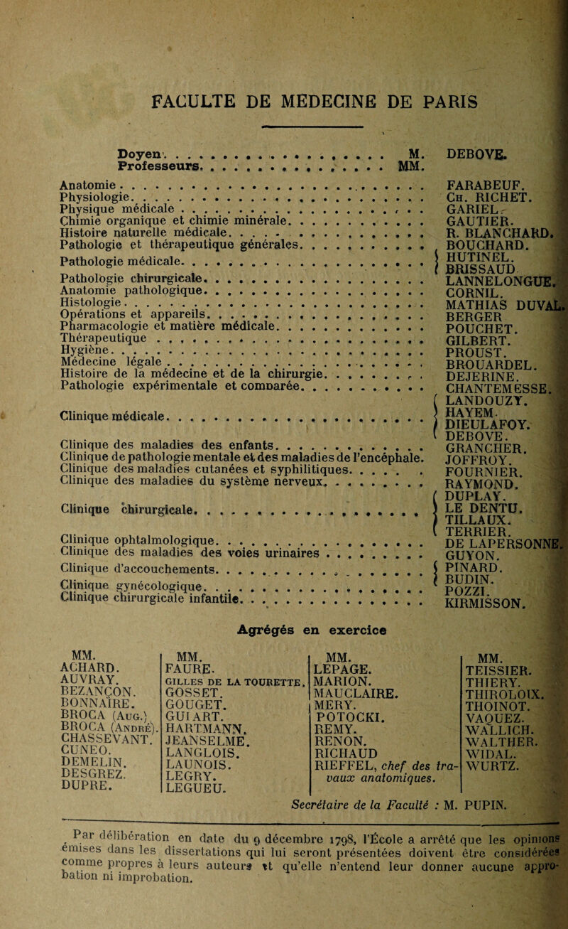 Doyen.. M. DEBOV& Professeurs, MM. Anatomie. . ...... FARABEUF. Physiologie. .. . Ch. RICHET. Physique médicale ... . . . , . , GARIEL^ Chimie organique et chimie minérale. GAUTIER. Histoire naturelle médicale. . ,. R. BLANCHARD. Pathologie et thérapeutique générales.. BOUCHARD. Pathologie médicale...,.J §^^INEL. Pathologie chirurgicale.. LANNELONGUE. Anatomie pathologique. CORNIL Histologie. ... MATHIAS DUVAL Operations et appareils,.. BERGER Pharmacologie et matière médicale... POTTCHFT Thérapeutique ... GILBERT. * Hygmne. ... PROUST. Medecine legale . . ... BROUARDEL. Histoire de la medecine et de la chirurgie.. . DEJERINE Pathologie expérimentale et comoarée. CHANTEMÈSSE ( LANDOUZY. Clinique médicale..j d^aFOY. Clinique des maladies des enfants. GRANCHER Clinique de pathologie mentale et des maladies de l’encéphale. JOFFROY Clinique des maladies cutanées et syphilitiques. FOURNIER. Clinique des maladies du système nerveux.. . RAYMOND * ( DUPLAY. ’ Clinique chirurgicale....) LE DENTU. I 11JLJLAUX. • , , . . . \ TERRIER. Clinique ophtalmologique. . .. DE LAPERSONNE Clinique des maladies des voies urinaires. GUYON. Clinique d’accouchements........$ PINARD. Clinique gynécologique. ....* POZZL* Clinique chirurgicale infantile. ............... KIRMISSON Agrégés en exercice MM. ACHARD. AUVRAY. BEZANÇON. BONNAIRE. BROCA (Aug.) BROCA (André). CHASSEVANT. CUNEO. DEMELIN. BESGREZ, DUPRE. MM. MM. MM. FAURE. LEPAGE. TEISSIER. GILLES DE LATOURETTE. MARION. THIERY. GOSSET. MAUCLAIRE. THIROLOIX GOUGET. MERY. THOINOT. GUI ART. POTOCKI. VAGUEZ. HARTMANN. REMY. WALLICH. JEANSELME. RENON. WALTHER. LANGLOIS. RICHAUD WIDAL. LAUNOIS. LEGRY. LEGUEU. RIEFFEL, chef des tra¬ vaux anatomiques. WURTZ. Secrétaire de la Faculté : M. PUPIN. Par délibération en date du 9 décembre 1798, l’École a arrêté que les opinions emises dans les dissertations qui lui seront présentées doivent être considérées comme propres à leurs auteur? tt qu’elle n’entend leur donner aucune appro¬ bation ni improbation.