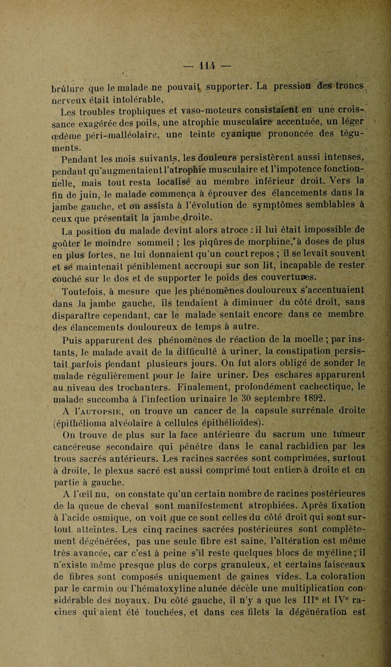 brûlure que le malade ne pouvait supporter. La pression des troncs ; nerveux était intolérable, Les troubles trophiques et vaso-moteurs consistaient en une crois¬ sance exagérée des poils, une atrophie musculaire accentuée, un léger œdème péri-malléolaire, une teinte cy astique prononcée des tégu¬ ments. Pendant les mois suivants, les douleurs persistèrent aussi intenses, pendant qu’augmentaient l’atrophie musculaire et l’impotence fonction¬ nelle, mais tout resta localisé au membre inférieur droit. Vers la fin de juin, le malade commença à éprouver des élancements dans la jambe gauche, et on assista à l’évolution de symptômes semblables à ceux que présentait la jambe droite. La position du malade devint alors atroce : il lui était impossible de goûter le moindre sommeil ; les piqûres de morphine,’à doses de plus en plus fortes, ne lui donnaient qu’un court repos ; il se levait souvent et sé maintenait péniblement accroupi sur son lit, incapable de rester couché sur le dos et de supporter le poids des couvertures. Toutefois, à mesure que les phénomènes douloureux s’accentuaient dans la jambe gauche, ils tendaient à diminuer du côté droit, sans disparaître cependant, car le malade sentait encore dans ce membre des élancements douloureux de temps à autre. Puis apparurent des phénomènes de réaction de la moelle ; par ins¬ tants, le malade avait de la difficulté à uriner, la constipation persis¬ tait parfois pendant plusieurs jours. On fut alors obligé de sonder le malade régulièrement pour le faire uriner. Des eschares apparurent au niveau des trochanters. Finalement, profondément cachectique, le malade succomba à l’infection urinaire le 30 septembre 4892. À Pautopsie, on trouve un cancer de la capsule surrénale droite (épithélioma alvéolaire à cellules épithélioïdes). On trouve de plus sur la face antérieure du sacrum une tumeur cancéreuse secondaire qui pénétre dans le canal rachidien par les trous sacrés antérieurs. Les racines sacrées sont comprimées, surtout à droite, le plexus sacré est aussi comprimé tout entier à droite et en partie à gauche. A l’œil nu, on constate qu’un certain nombre de racines postérieures de la queue de cheval sont manifestement atrophiées. Après fixation à l’acide osmique, on voit que ce sont celles du côté droit qui sont sur¬ tout atteintes. Les cinq racines sacrées postérieures sont complète¬ ment dégénérées, pas une seule fibre est saine, l’altération est même très avancée, car c’est à peine s’il reste quelques blocs de myéline; il n’existe môme presque plus de corps granuleux, et certains faisceaux de fibres sont composés uniquement de gaines vides. La coloration par le carmin ou l’hématoxyline alunée décèle une multiplication con¬ sidérable des noyaux. Du côté gauche, il n’y a que les IIIe et IVe ra¬ cines qui aient été touchées, et dans ces filets la dégénération est