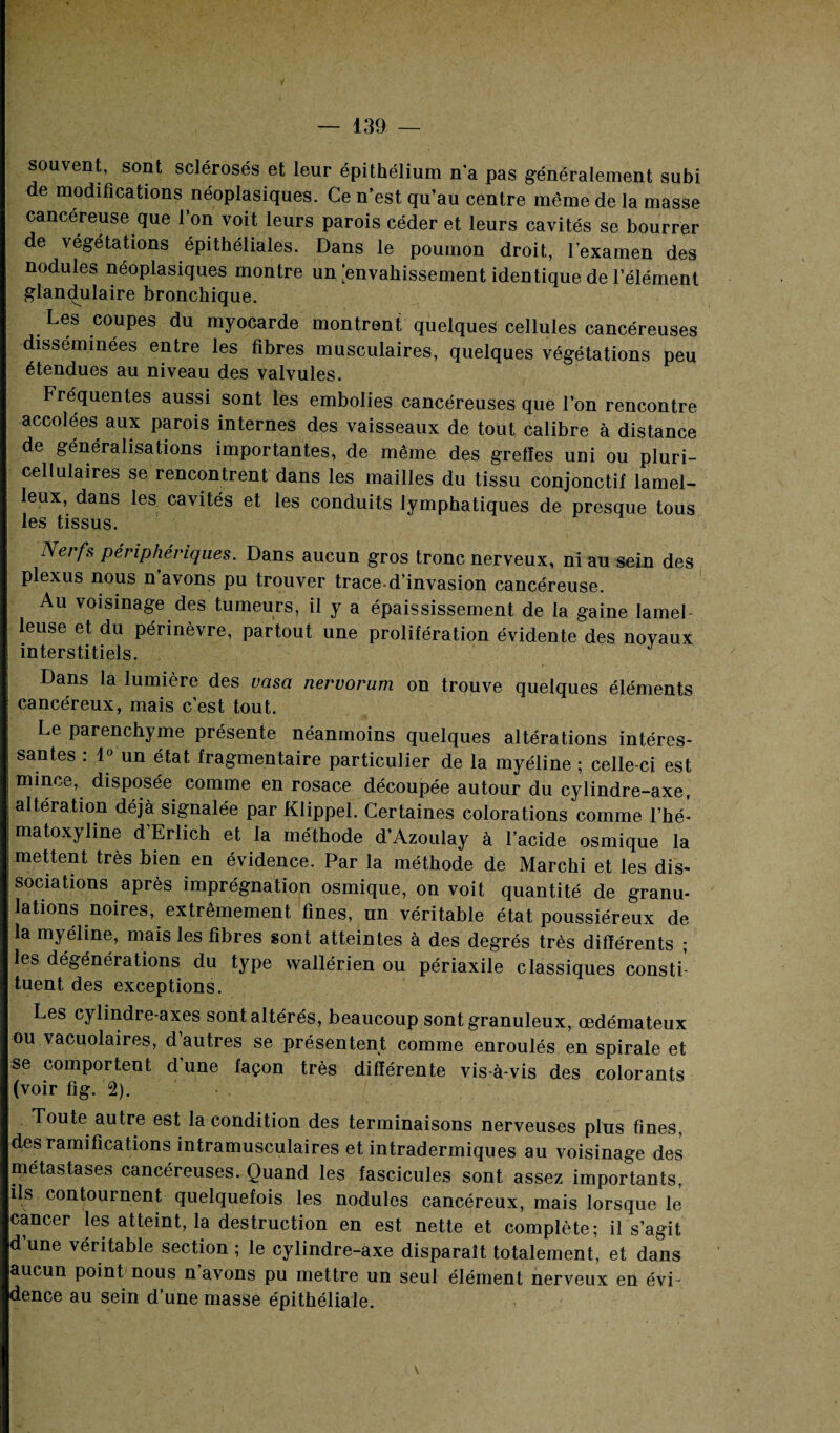 souvent, sont sclérosés et leur épithélium n’a pas généralement subi de modifications néoplasiques. Ce n’est qu’au centre même de la masse cancéreuse que l’on voit leurs parois céder et leurs cavités se bourrer de végétations épithéliales. Dans le poumon droit, l’examen des nodules néoplasiques montre un [envahissement identique de l’élément glandulaire bronchique. Les coupes du myocarde montrent quelques cellules cancéreuses disséminées entre les fibres musculaires, quelques végétations peu étendues au niveau des valvules. Fréquentes aussi sont les embolies cancéreuses que l’on rencontre accolées aux parois internes des vaisseaux de tout calibre à distance de généralisations importantes, de même des grefïes uni ou pluri¬ cellulaires se rencontrent dans les mailles du tissu conjonctif lamel- leux, dans les cavités et les conduits lymphatiques de presque tous les tissus. Nerfs périphériques. Dans aucun gros tronc nerveux, ni au sein des plexus nous n avons pu trouver trace d’invasion cancéreuse. Au voisinage des tumeurs, il y a épaississement de la gaine lamel- leuse et du périnèvre, partout une prolifération évidente des noyaux interstitiels. Dans la lumière des vasa nervorum on trouve quelques éléments cancéreux, mais c’est tout. Le parenchyme présente néanmoins quelques altérations intéres- i santés : 1° un état fragmentaire particulier de la myéline ; celle-ci est mince, disposée comme en rosace découpée autour du cylindre-axe, altération déjà signalée par Klippel. Certaines colorations comme l’hé- j matoxyline d’Erlich et la méthode d’Azoulay à l’acide osmique la mettent très bien en évidence. Par la méthode de Marchi et les dis¬ sociations après imprégnation osmique, on voit quantité de granu¬ lations noires, extrêmement fines, un véritable état poussiéreux de la myéline, mais les fibres sont atteintes à des degrés très différents ; les dégénérations du type wallérien ou périaxile classiques consti¬ tuent des exceptions. Les cylindre-axes sont altérés, beaucoup sont granuleux, œdémateux ou vacuolaires, d’autres se présentent comme enroulés en spirale et se comportent d’une façon très différente vis-à-vis des colorants (voir fig. 2). Toute autre est la condition des terminaisons nerveuses plus fines, des ramifications intramusculaires et intradermiques au voisinage des métastases cancéreuses. Quand les fascicules sont assez importants, ils contournent quelquefois les nodules cancéreux, mais lorsque le cancer les atteint, la destruction en est nette et complète; il s’agit d’une véritable section ; le cylindre-axe disparaît totalement, et dans aucun point nous n avons pu mettre un seul élément nerveux en évi¬ dence au sein d’une masse épithéliale.