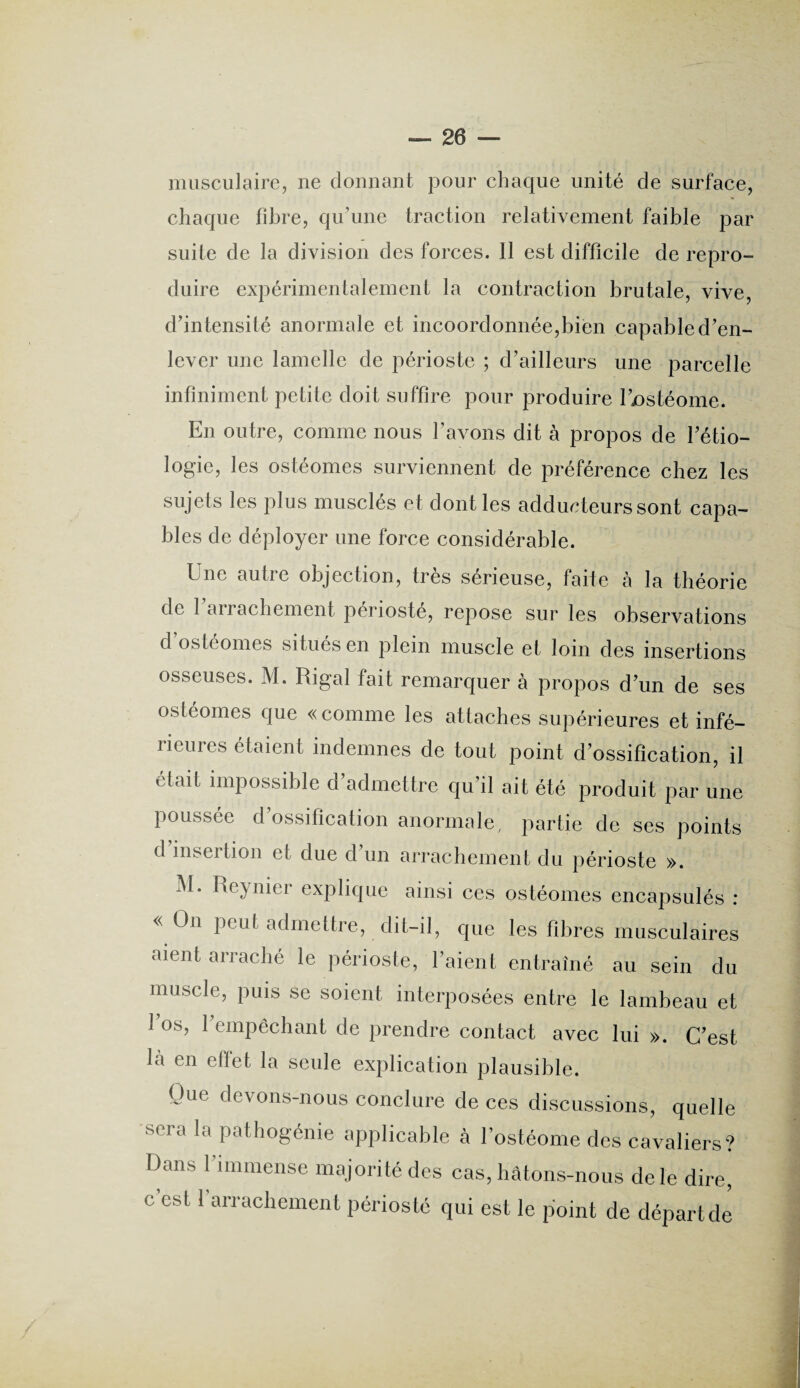 musculaire, ne donnant pour chaque unité cle surface, chaque fibre, qu’une traction relativement faible par suite de la division des forces. 11 est difficile de repro¬ duire expérimentalement la contraction brutale, vive, d’intensité anormale et incoordonnée,bien capable d’en¬ lever une lamelle de périoste ; d’ailleurs une parcelle infiniment petite doit suffire pour produire l’jostéome. En outre, comme nous l’avons dit à propos de l’étio¬ logie, les ostéomes surviennent de préférence chez les sujets les plus musclés et dont les adducteurs sont capa¬ bles de déployer une force considérable. f ur autre objection, très serieuse, faite a la théorie de 1 an achement périoste, repose sur les observations d’ostéomes situés en plein muscle et loin des insertions osseuses. M. Rigal fait remarquer à propos d’un de ses ostéomes que «comme les attaches supérieures et infé¬ rieures étaient indemnes de tout point d’ossification, il cLu t impossible d admettre qu’il ait été produit par une poussée d’ossification anormale, partie de ses points d insertion et due d’un arrachement du périoste ». M. Reynier explique ainsi ces ostéomes encapsulés : « On peut admettre, dit-il, que les fibres musculaires aient arraché le périoste, l’aient entraîné au sein du muscle, puis se soient interposées entre le lambeau et l’os, l’empêchant de prendre contact avec lui ». C’est, là en effet la seule explication plausible. Que devons-nous conclure de ces discussions, quelle sera la pathogénie applicable à l’ostéome des cavaliers? Daim 1 immense majorité des cas, hâtons-nous de le dire, c’est l’arrachement périosté qui est le point de départ de