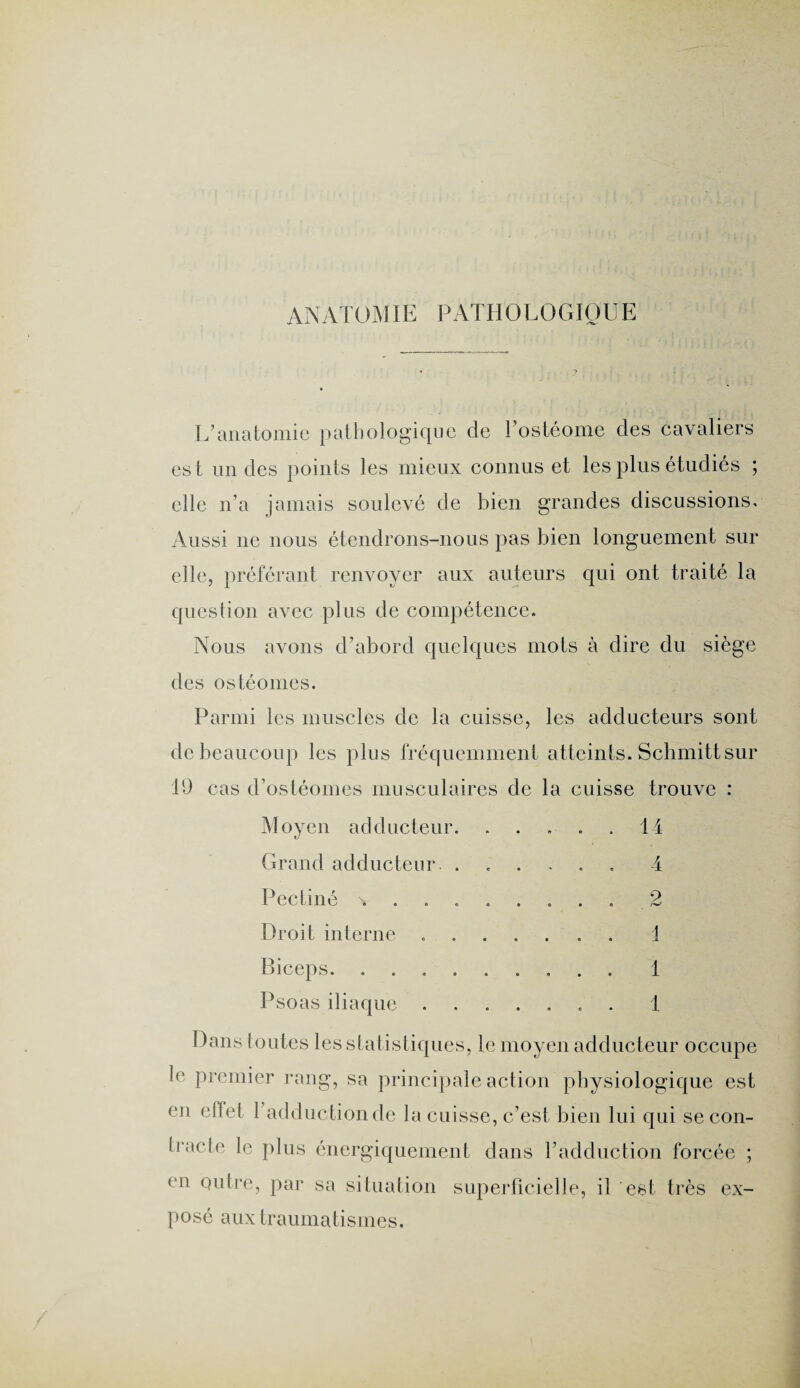 ANATOMIE PATHOLOGIQUE L’anatomie pathologique de l’ostéome des cavaliers est un des points les mieux connus et les plus étudiés ; elle n’a jamais soulevé de bien grandes discussions. Aussi ne nous étendrons-nous pas bien longuement sur elle, préférant renvoyer aux auteurs qui ont traité la question avec plus de compétence. Nous avons d’abord quelques mots à dire du siège des ostéomes. Parmi les muscles de la cuisse, les adducteurs sont de beaucoup les plus fréquemment atteints. Schmitt sur 19 cas d’ostéomes musculaires de la cuisse trouve : Moyen adducteur. . . . . . 14 Grand adducteur. ...... 4 Pectiné y ........ 2 Droit interne. . 1 Biceps. ......... 1 Psoas iliaque ....... 1 Dans toutes les statistiques, le moyen adducteur occupe le premier rang, sa principale action physiologique est en effet 1 adduction de la cuisse, c’est bien lui qui se con¬ tracte le plus énergiquement dans l’adduction forcée ; < n outre, par sa situation superficielle, il est très ex¬ posé aux traumatismes.
