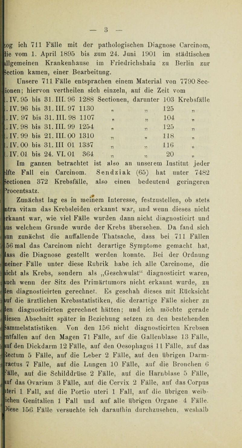 log ich 711 Fälle mit der pathologischen Diagnose Carcinom, pie vom 1. April 1895 bis zum 24. Juni 1901 im städtischen illgemeinen Krankenhause im Friedrichshain zu Berlin zur ßection kamen, einer Bearbeitung. Unsere 711 Fälle entsprachen einem Material von 7790 Sec- lionen; hiervon vertheilen sich einzeln, auf die Zeit vom I.IV. 95 bis 31. III. 96 1288 Sectionen, darunter 103 Krebsfalle .IV. 96 bis 31. III. 97 1130 Ti V 125 n I.IV. 97 bis 31. III. 98 1107 Ti V 104 Ti [.IV. 98 bis 31. III. 99 1254 n r> 125 n [.IV. 99 bis 21. III. 00 1310 n 7) 118 Ti [. IV. 00 bis 31. III 01 1337 n V 116 n .IV. 01 bis 24. VI. 01 364 r> T) 20 T) Im ganzen betrachtet ist also an unserem Institut jeder dfte Fall ein Carcinom. Sendziak (66) hat unter 7482 Sectionen 372 Krebsfälle, also einen bedeutend geringeren Procentsatz. Zunächst lag es in meinem Interesse, festzustellen, ob stets |ntra vitam das Krebsleiden erkannt war, und wenn dieses nicht rkannt war, wie viel Fälle wurden dann nicht diagnosticirt und us welchem Grunde wurde der Krebs übersehen. Da fand sich un zunächst die auffallende Thatsache, dass bei 711 Fällen 56 mal das Carcinom nicht derartige Symptome gemacht hat, ass die Diagnose gestellt werden konnte. Bei der Ordnung einer Fälle unter diese Rubrik habe ich alle Carcinome, die icht als Krebs, sondern als ,,Geschwulstu diagnosticirt waren, uch wenn der Sitz des Primärtumors nicht erkannt wurde, zu en diagnosticirten gerechnet. Es geschah dieses mit Rücksicht uif die ärztlichen Krebsstatistiken, die derartige Fälle sicher zu len diagnosticirten gerechnet hätten; und ich möchte gerade liesen Abschnitt später in Beziehung setzen zu den bestehenden Sammelstatistiken Von den 156 nicht diagnosticirten Krebsen ntfallen auf den Magen 71 Fälle, auf die Gallenblase 13 Fälle, uf den Dickdarm 12 Fälle, auf den Oesophagus 11 Fälle, auf das fpectum 5 Fälle, auf die Leber 2 Fälle, auf den übrigen Darm- Jractus 7 Fälle, auf die Lungen 10 Fälle, auf die Bronchen 6 fälle, auf die Schilddrüse 2 Fälle, auf die Harnblase 5 Fälle, uf das Ovarium 3 Fälle, auf die Cervix 2 Fälle, auf das Corpus Jiteri 1 Fall, auf die Portio uteri 1 Fall, auf die übrigen weib- ichen Genitalien 1 Fall und auf alle übrigen Organe 4 Fälle. Jiese 156 Fälle versuchte ich daraufhin durchzusehen, weshalb