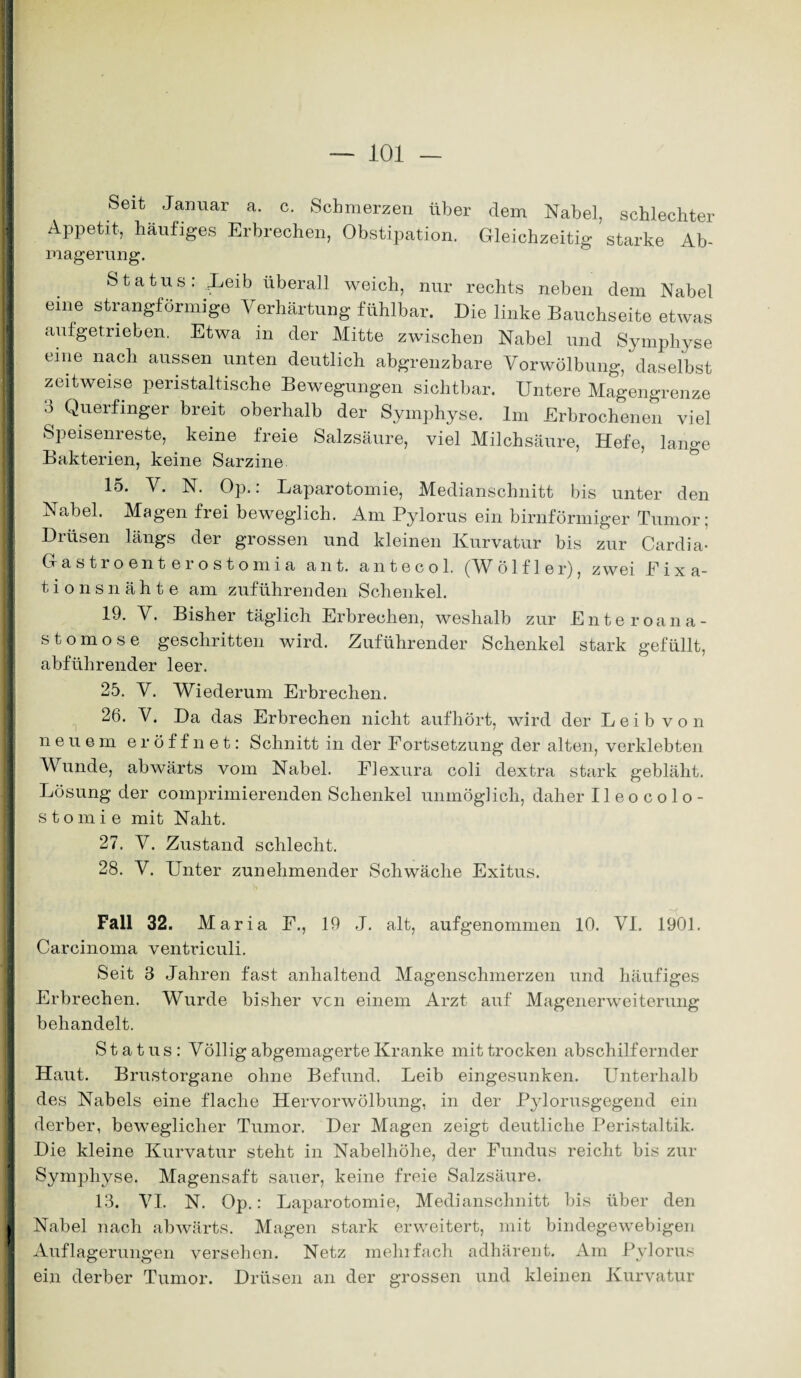 Seit Januar a. c. Schmerzen über dem Nabel, schlechter Appetit, häufiges Erbrechen, Obstipation. Gleichzeitig starke Ab¬ magerung. Status: Leib überall weich, nur rechts neben dem Nabel eine strangförmige Verhärtung fühlbar. Die linke Bauchseite etwas auigetrieben. Etwa in der Mitte zwischen Nabel und Symphyse eine nach aussen unten deutlich abgrenzbare Vorwölbung, daselbst zeitweise peristaltische Bewegungen sichtbar. Untere Magengrenze o Querfinger breit oberhalb der Symphyse. Im Erbrochenen viel Speisenreste, keine freie Salzsäure, viel Milchsäure, Hefe, lange Bakterien, keine Sarzine 15. V. N. Op.: Laparotomie, Medianschnitt bis unter den Nabel. Magen frei beweglich. Am Pylorus ein bimförmiger Tumor: Drüsen längs der grossen und kleinen Kurvatur bis zur Cardia- Gasti o ent ei osto m 1 a ant. antecol. (W ö 1 f 1 e r), zwei E i x a- tionsnähte am zuführenden Schenkel. 19. V. Bisher täglich Erbrechen, weshalb zur Enteroana- stomose geschritten wird. Zuführender Schenkel stark gefüllt, abführender leer. 25. V. Wiederum Erbrechen. 26. V. Da das Erbrechen nicht aufhört, wird der Leib von neuem eröffnet: Schnitt in der Fortsetzung der alten, verklebten Wunde, abwärts vom Nabel. Flexura coli dextra stark gebläht. Lösung der comprimierenden Schenkel unmöglich, daher Ileocolo- stomie mit Naht. 27. V. Zustand schlecht. 28. V. Unter zunehmender Schwäche Exitus. Fall 32. Maria F., 19 J. alt, aufgenommen 10. VI. 1901. Carcinoma ventriculi. Seit 3 Jahren fast anhaltend Magenschmerzen und häufiges Erbrechen. Wurde bisher vcn einem Arzt auf Magenerweiterung behandelt. Status: Völlig abgemagerte Kranke mit trocken abschilfernder Haut. Brustorgane ohne Befund. Leib eingesunken. Unterhalb des Nabels eine flache Hervorwölbung, in der Pylorusgegend ein derber, beweglicher Tumor. Der Magen zeigt deutliche Peristaltik. Die kleine Kurvatur steht in Nabelhöhe, der Fundus reicht bis zur Symphyse. Magensaft sauer, keine freie Salzsäure. 13. VI. N. Op.: Laparotomie, Medianschnitt bis über den Nabel nach abwärts. Magen stark erweitert, mit bindegewebigen Auflagerungen versehen. Netz mehrfach adhärent. Am Pylorus ein derber Tumor. Drüsen an der grossen und kleinen Kurvatur