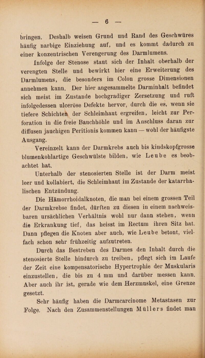 bringen. Deshalb weisen Grund und Rand des Geschwüres häufig narbige Einziehung auf, und es kommt dadurch zu einer konzentrischen Verengerung des Darmlumens. Infolge der Stenose staut sich der Inhalt oberhalb der verengten Stelle und bewirkt hier eine Erweiterung des Darmlumens, die besonders im Colon grosse Dimensionen annehmen kann. Der hier angesammelte Darminhalt befindet sich meist im Zustande hochgradiger Zersetzung und ruft infolgedessen ulceröse Defekte hervor, durch die es, wenn sie tiefere Schichten der Schleimhaut ergreifen, leicht zur Per¬ foration in die freie Bauchhöhle und im Anschluss daran zur diffusen jauchigen Peritionis kommen kann — wohl der häufigste Ausgang. Vereinzelt kann der Darmkrebs auch bis kindskopfgrosse blumenkohlartige Geschwülste bilden, wie Leube es beob¬ achtet hat. Unterhalb der stenosierten Stelle ist der Darm meist leer und kollabiert, die Schleimhaut im Zustande der katarrha¬ lischen Entzündung. Die Hämorrhoidalknoten, die man bei einem grossen Teil der Darmkrebse findet, dürften zu diesen in einem nachweis¬ baren ursächlichen Verhältnis wohl nur dann stehen, wenn die Erkrankung tief, das heisst im Rectum ihren Sitz hat. Dann pflegen die Knoten aber auch, wie Leube betont, viel¬ fach schon sehr frühzeitig aufzutreten. Durch das Bestreben des Darmes den Inhalt durch die stenosierte Stelle hindurch zu treiben, pflegt sich im Laufe der Zeit eine kompensatorische Hypertrophie der Muskularis einzustellen, die bis zu 4 mm und darüber messen kann. Aber auch ihr ist, gerade wie dem Herzmuskel, eine Grenze gesetzt. Sehr häufig haben die Darmcarcinöme Metastasen zur Folge. Nach den Zusammenstellungen Müllers findet man