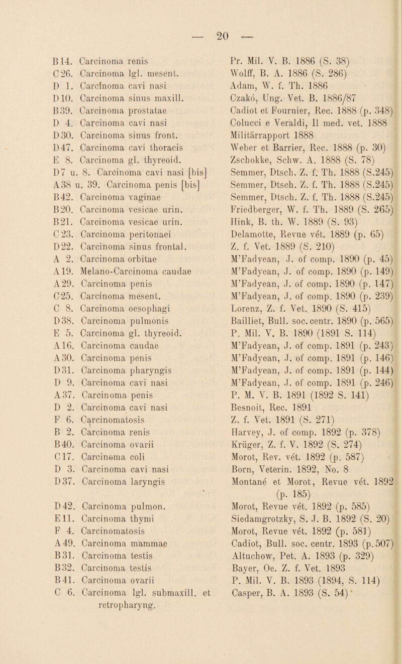 B14. Carcinoma renis C26. Carcinoma lgl. mesent. D 1. Carcinoma cavi nasi D10. Carcinoma sinus maxill. 1339. Carcinoma prostatae D 4. Carcinoma cavi nasi D30. Carcinoma sinus front. D47. Carcinoma cavi thoracis E 8. Carcinoma gl. thyreoid. D7 u. 8. Carcinoma cavi nasi [bis] A38 u. 39. Carcinoma penis [bis] B42. Carcinoma vaginae B20. Carcinoma vesicae urin. B21. Carcinoma vesicae urin. C23. Carcinoma peritonaei D22. Carcinoma sinus frontal. A 2. Carcinoma orbitae A19. Melano-Carcinoma caudae A29. Carcinoma penis C25. Carcinoma mesent. C 8. Carcinoma oesophagi D38. Carcinoma pulmonis E 5. Carcinoma gl. thyreoid. A16. Carcinoma caudae A30. Carcinoma penis D31. Carcinoma pharyngis D 9. Carcinoma cavi nasi A37. Carcinoma penis D 2. Carcinoma cavi nasi F 6. Carcinomatosis B 2. Carcinoma renis B40. Carcinoma ovarii C17. Carcinoma coli D 3. Carcinoma cavi nasi D37. Carcinoma laryngis D42. Carcinoma pulmon. Eli. Carcinoma thymi F 4. Carcinomatosis A49. Carcinoma mammae B31. Carcinoma testis B32. Carcinoma testis B41. Carcinoma ovarii C 6. Carcinoma lgl. submaxill. et retropharyng. Pr. Mil. V. B. 1886 (S. 38) Wolff, B. A. 1886 (S. 286) Adam, W. f. Th. 1886 Czakö, Ung. Yet. B. 1886/87 Cadiot et Fournier, Reo. 1888 (p. 348) Colucci e Veraldi, II med. vet. 1888 Militärrapport 1888 Weber et Barrier, Rec. 1888 (p. 30) Zschokke, Schw. A. 1888 (S. 78) Semmer, Dtsch. Z. f. Th. 1888 (S.245) Semmer, Dtsch. Z. f. Th. 1888 (S.245) Semmer, Dtsch. Z. f. Th. 1888 (S.245) Friedberger, W. f. Th. 1889 (S. 265) Hink, B. th. W. 1889 (S. 93) Delamotte, Revue vet. 1889 (p. 65) Z. f. Yet. 1889 (S. 210) M’Fadyean, J. of comp. 1890 (p. 45) M’Fadyean, J. of comp. 1890 (p. 149) M’Fadyean, J. of comp. 1890 (p. 147) M’Fadyean, J. of comp. 1890 (p. 239) Lorenz, Z. f. Vet. 1890 (S. 415) Bailliet, Bull. soc. centr. 1890 (p. 565) P. Mil. V. B. 1890 (1891 S. 114) M’Fadyean, J. of comp. 1891 (p. 243) M’Fadyean, J. of comp. 1891 (p. 146) M’Fadyean, J. of comp. 1891 (p. 144) M’Fadyean, J. of comp. 1891 (p. 246) P. M. V. B. 1891 (1892 S. 141) Besnoit, Rec. 1891 Z. f. Yet. 1891 (S. 271) Harvey, J. of comp. 1892 (p. 378) Krüger, Z. f. V. 1892 (S. 274) Morot, Rev. vet. 1892 (p. 587) Born, \7eterin. 1892, No. 8 Montane et Morot, Revue vet. 1892 (p. 185) Morot, Revue vet. 1892 (p. 585) Siedamgrotzky, S. J. B. 1892 (S. 20) Morot, Revue vet. 1892 (p. 581) Cadiot, Bull. soc. centr. 1893 (p.507) Altuchow, Pet. A. 1893 (p. 329) Bayer, Oe. Z. f. Yet. 1893 P. Mil. V. B. 1893 (1894, S. 114) Casper, B. A. 1893 (S. 54)1