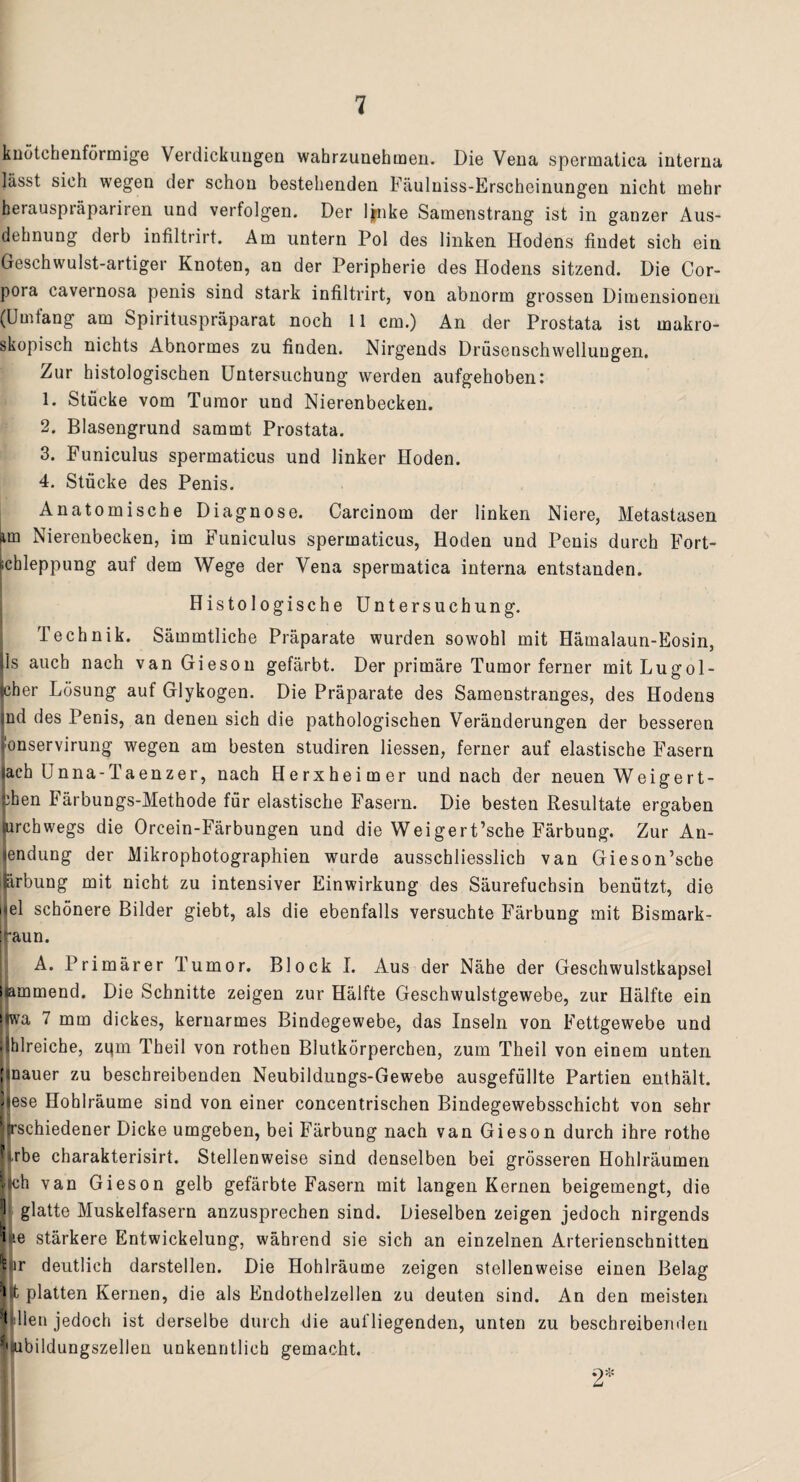 knötchenförmige Verdickungen wahrzunehmen. Die Vena spermatica interna lässt sich wegen der schon bestehenden Fäulniss-Erscheinungen nicht mehr herauspräpariren und verfolgen. Der lpike Samenstrang ist in ganzer Aus¬ dehnung derb infiltrirt. Am untern Pol des linken Hodens findet sich ein Geschwulst-artiger Knoten, an der Peripherie des Hodens sitzend. Die Cor¬ pora cavetnosa penis sind stark infiltrirt, von abnorm grossen Dimensionen (Umfang am Spirituspräparat noch 11 cm.) An der Prostata ist makro¬ skopisch nichts Abnormes zu finden. Nirgends Drüsenschwellungen. Zur histologischen Untersuchung werden aufgehoben: 1. Stucke vom Tumor und Nierenbecken. 2. Blasengrund sammt Prostata. 3. Funiculus spermaticus und linker Hoden. 4. Stücke des Penis. Anatomische Diagnose. Carcinom der linken Niere, Metastasen Nierenbecken, im Funiculus spermaticus, Hoden und Penis durch Fort- uchleppung auf dem Wege der Vena spermatica interna entstanden. Histologische Untersuchung. Technik. Sämmtliche Präparate wurden sowohl mit Hämalaun-Eosin, ls auch nach van Gieson gefärbt. Der primäre Tumor ferner mitLugol- jeher Lösung auf Glykogen. Die Präparate des Samenstranges, des Hodens jnd des Penis, an denen sich die pathologischen Veränderungen der besseren fonservirung wegen am besten studiren Hessen, ferner auf elastische Fasern jach Unna-Taenzer, nach Herxheimer und nach der neuen Weigert- ::hen Färbungs-Methode für elastische Fasern. Die besten Resultate ergaben jurchwegs die Orcein-Färbungen und die Weigert’sche Färbung. Zur An- jendung der Mikrophotographien wurde ausschliesslich van Gieson’sche ijärbung mit nicht zu intensiver Einwirkung des Säurefuchsin benützt, die nel schönere Bilder giebt, als die ebenfalls versuchte Färbung mit Bismark- iraun. A. Primärer Tumor. Block I. Aus der Nähe der Geschwulstkapsel liammend. Die Schnitte zeigen zur Hälfte Geschwulstgewebe, zur Hälfte ein Iwa 7 mm dickes, kernarmes Bindegewebe, das Inseln von Fettgewebe und ithlreiche, zipn Theil von rothen Blutkörperchen, zum Theil von einem unten [rnauer zu beschreibenden Neubildungs-Gewebe ausgefüllte Partien enthält, fiese Hohlräume sind von einer concentrischen Bindegewebsschicht von sehr Hrschiedener Dicke umgeben, bei Färbung nach van Gieson durch ihre rothe urbe charakterisirt. Stellenweise sind denselben bei grösseren Hohlräumen Ijch van Gieson gelb gefärbte Fasern mit langen Kernen beigemengt, die ü glatte Muskelfasern anzusprechen sind. Dieselben zeigen jedoch nirgends w stärkere Entwickelung, während sie sich an einzelnen Arterienschnitten |mr deutlich darstellen. Die Hohlräume zeigen stellenweise einen Belag 1 t platten Kernen, die als Endothelzellen zu deuten sind. An den meisten Illien jedoch ist derselbe durch die aufliegenden, unten zu beschreibenden !| ubildungszellen unkenntlich gemacht.