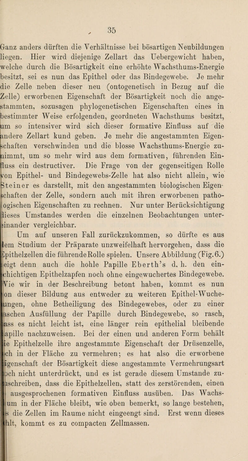 Ganz anders dürften die Verhältnisse bei bösartigen Neubildungen liegen. Hier wird diejenige Zellart das Uebergewicht haben, welche durch die Bösartigkeit eine erhöhte Wachsthums-Energie besitzt, sei es nun das Epithel oder das Bindegewebe. Je mehr die Zelle neben dieser neu (ontogenetisch in Bezug auf die Zelle) erworbenen Eigenschaft der Bösartigkeit noch die ange¬ stammten, sozusagen phylogenetischen Eigenschaften eines in bestimmter Weise erfolgenden, geordneten Wachsthums besitzt, um so intensiver wird sich dieser formative Einfluss auf die andere Zellart kund geben. Je mehr die angestammten Eigen- chaften verschwinden und die blosse Wachsthums-Energie zu- aimmt, um so mehr wird aus dem formativen, führenden Ein- luss ein destructiver. Die Frage von der gegenseitigen Rolle ?on Epithel- und Bindegewebs-Zelle hat also nicht allein, wie Steiner es darstellt, mit den angestammten biologischen Eigen¬ schaften der Zelle, sondern auch mit ihren erworbenen patho- ogischen Eigenschaften zu rechnen. Nur unter Berücksichtigung lieses Umstandes werden die einzelnen Beobachtungen unter¬ einander vergleichbar. Um auf unseren Fall zurückzukommen, so dürfte es aus lern Studium der Präparate unzweifelhaft hervorgehen, dass die Cpithelzellen die führende Rolle spielen. Unsere Abbildung (Fig.6.) eigt denn auch die hohle Papille Eberth’s d, h. den ein- chiehtigen Epithelzapfen noch ohne eingewuchertes Bindegewebe. Vie wir in der Beschreibung betont haben, kommt es nun jon dieser Bildung aus entweder zu weiteren Epithel-Wuche- ungen, ohne Betheiligung des Bindegewebes, oder zu einer aschen Ausfüllung der Papille durch Bindegewebe, so rasch, ass es nicht leicht ist, eine länger rein epithelial bleibende .apille nachzuweisen. Bei der einen und anderen Form behält e Epithelzelle ihre angestammte Eigenschaft der Drüsenzelle, ich in der Fläche zu vermehren; es hat also die erworbene igenschaft der Bösartigkeit diese angestammte Vermehrungsart Dch nicht unterdrückt, und es ist gerade diesem Umstande zu- ischreiben, dass die Epithelzellen, statt des zerstörenden, einen ausgesprochenen formativen Einfluss ausüben. Das Wachs- um in der Fläche bleibt, wie oben bemerkt, so lange bestehen, die Zellen im Raume nicht eingeengt sind. Erst wenn dieses Bit, kommt es zu compacten Zellmassen.
