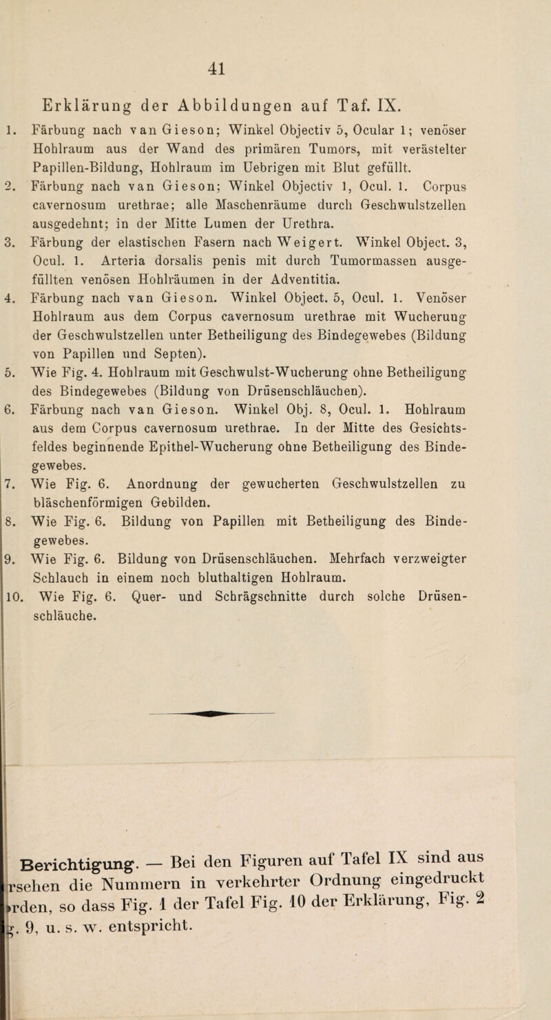 Erklärung der Abbildungen auf Taf. IX. 1. Färbung nach van Gieson; Winkel Objectiv 5, Ocular 1; venöser Hohlraum aus der Wand des primären Tumors, mit verästelter Papillen-Bildung, Hohlraum im Uebrigen mit Blut gefüllt. 2. Färbung nach van Gieson; Winkel Objectiv 1, Ocul. 1. Corpus eavernosum urethrae; alle Maschenräume durch Geschwulstzellen ausgedehnt; in der Mitte Lumen der Urethra. 3. Färbung der elastischen Fasern nach Weigert. Winkel Object. 3, Ocul. 1. Arteria dorsalis penis mit durch Tumormassen ausge¬ füllten venösen Hohlräumen in der Adventitia. 4. Färbung nach van Gieson. Winkel Object. 5, Ocul. 1. Venöser Hohlraum aus dem Corpus eavernosum urethrae mit Wucherung der Geschwulstzellen unter Betheiligung des Bindegewebes (Bildung von Papillen und Septen). 5. Wie Fig. 4. Hohlraum mit Geschwulst-Wucherung ohne Betheiligung des Bindegewebes (Bildung von Drüsenschläuchen). 6. Färbung nach van Gieson. Winkel Obj. 8, Ocul. 1. Hohlraum aus dem Corpus eavernosum urethrae. In der Mitte des Gesichts¬ feldes beginnende Epithel-Wucherung ohne Betheiligung des Binde¬ gewebes. 7. Wie Fig. 6. Anordnung der gewucherten Geschwulstzellen zu bläschenförmigen Gebilden. 8. Wie Fig. 6. Bildung von Papillen mit Betheiligung des Binde¬ gewebes. 9. Wie Fig. 6. Bildung von Drüsenschläuchen. Mehrfach verzweigter Schlauch in einem noch bluthaltigen Hohlraum. 10. Wie Fig. 6. Quer- und Schrägschnitte durch solche Drüsen¬ schläuche. Berichtigung. — Bei den Figuren auf Tafel IX sind aus rsehen die Nummern in verkehrter Ordnung eingedruckt >rden, so dass Fig. 1 der Tafel Fig. 10 der Erklärung, Fig. 2 g. 9, u. s. w. entspricht.