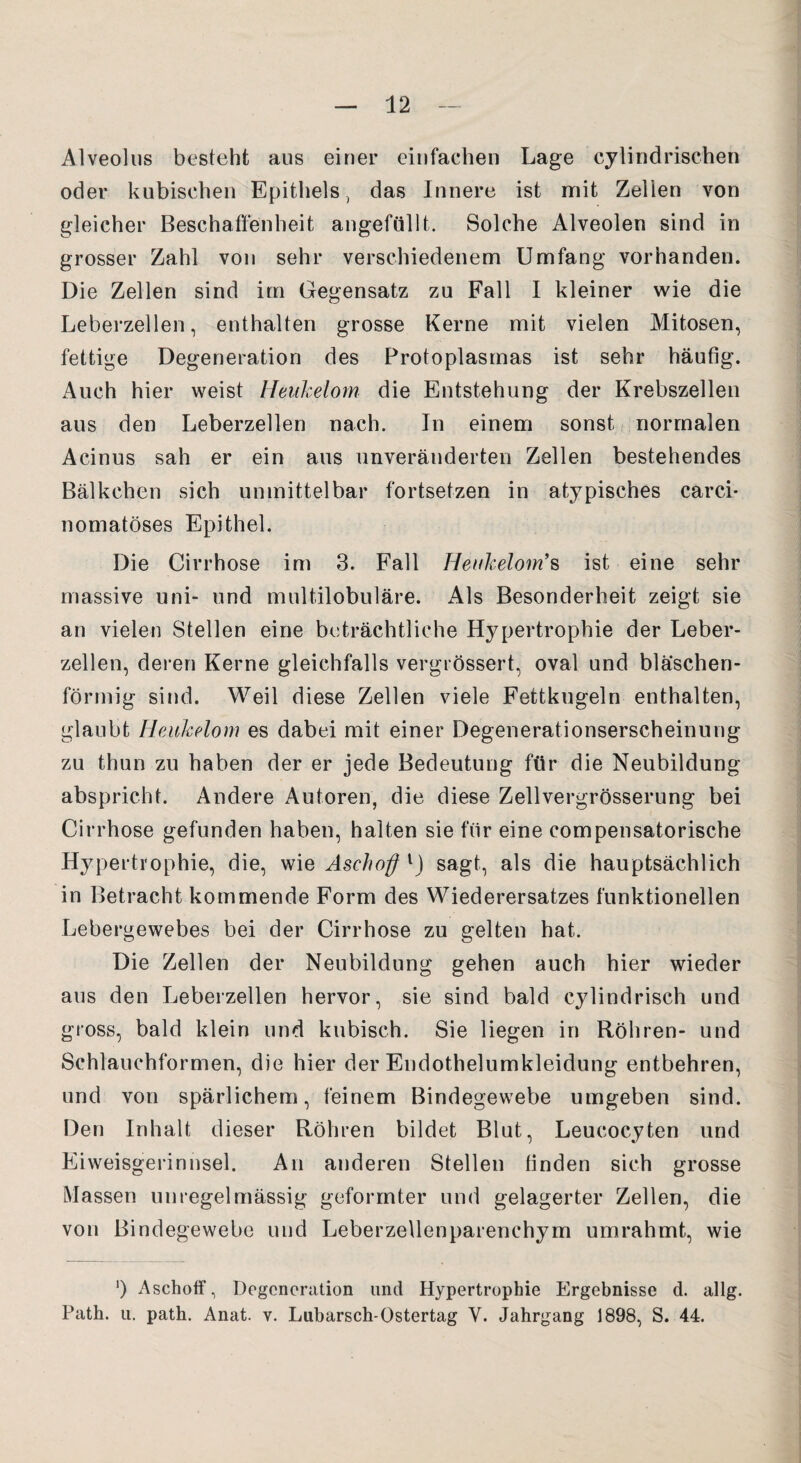 Alveolus besteht aus einer einfachen Lage cylindrischeh oder kubischen Epithels, das Innere ist mit Zellen von gleicher Beschaffenheit angefüllt. Solche Alveolen sind in grosser Zahl von sehr verschiedenem Umfang vorhanden. Die Zellen sind im Gegensatz zu Fall I kleiner wie die Leberzellen, enthalten grosse Kerne mit vielen Mitosen, fettige Degeneration des Protoplasmas ist sehr häufig. Auch hier weist Heukelom die Entstehung der Krebszellen aus den Leberzellen nach. In einem sonst normalen Acinus sah er ein aus unveränderten Zellen bestehendes Bälkchen sich unmittelbar fortsetzen in atypisches carci- nomatöses Epithel. Die Cirrhose im 3. Fall Heukelom’s ist eine sehr massive uni- und multilobuläre. Als Besonderheit zeigt sie an vielen Stellen eine beträchtliche Hypertrophie der Leber¬ zellen, deren Kerne gleichfalls vergrössert, oval und bläschen¬ förmig sind. Weil diese Zellen viele Fettkugeln enthalten, glaubt Heukelom es dabei mit einer Degenerationserscheinung zu thun zu haben der er jede Bedeutung für die Neubildung abspricht. Andere Autoren, die diese Zellvergrösserung bei Cirrhose gefunden haben, halten sie für eine compensatorische Hypertrophie, die, wie Asehoff lJ sagt, als die hauptsächlich in Betracht kommende Form des Wiederersatzes funktionellen Lebergewebes bei der Cirrhose zu gelten hat. Die Zellen der Neubildung gehen auch hier wieder aus den Leberzellen hervor, sie sind bald cylindrisch und gross, bald klein und kubisch. Sie liegen in Röhren- und Schlauchformen, die hier der Endothelumkleidung entbehren, und von spärlichem, feinem Bindegewebe umgeben sind. Den Inhalt dieser Röhren bildet Blut, Leucocyten und Eiweisgerinnsel. An anderen Stellen finden sich grosse Massen unregelmässig geformter und gelagerter Zellen, die von Bindegewebe und Leberzellenparenchym umrahmt, wie ') Asehoff, Degeneration und Hypertrophie Ergebnisse d. allg. Path. u. path. Anat. v. Lubarsch-Ostertag Y. Jahrgang 1898, S. 44.