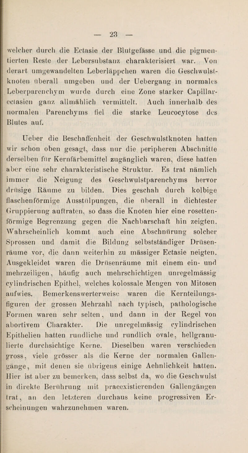 welcher durch die Ectasie der Blutgefässe und die pigmen¬ tierten Reste der Lebersubstanz charakterisiert war. Von derart umgewandelten Leberläppchen waren die Geschwulst¬ knoten überall umgeben und der Uebergang in normales Leberparenchym wurde durch eine Zone starker Capillar- eclasien ganz allmählich vermittelt. Auch innerhalb des normalen Parenchyms fiel die starke Leucocytose des Blutes auf. Ueber die Beschaffenheit der Geschwulstknoten hatten wir schon oben gesagt, dass nur die peripheren Abschnitte derselben für Kernfärbemittel zugänglich waren, diese hatten aber eine sehr charakteristische Struktur. Es trat nämlich immer die Neigung des Geschwulstparenchyms hervor drüsige Räume zu bilden. Dies geschah durch kolbige flaschen förmige Ausstülpungen, die überall in dichtester Gruppierung auftraten, so dass die Knoten hier eine rosetten¬ förmige Begrenzung gegen die Nachbarschaft hin zeigten. Wahrscheinlich kommt auch eine Abschnürung solcher Sprossen und damit die Bildung selbstständiger Drüsen¬ räume vor, die dann weiterhin zu mässiger Ectasie neigten. Ausgekleidet waren die Drüsenräume mit einem ein- und mehrzeiligen, häufig auch mehrschichtigen unregelmässig cylindrischen Epithel, welches kolossale Mengen von Mitosen aufwies. Bemerkenswerterweise waren die Kernteilungs¬ figuren der grossen Mehrzahl nach typisch, pathologische Formen waren sehr selten, und dann in der Regel von abortivem Charakter. Die unregelmässig cylindrischen Epithelien hatten rundliche und rundlich ovale, hellgranu¬ lierte durchsichtige Kerne. Dieselben waren verschieden gross, viele grösser als die Kerne der normalen Gallen¬ gänge, mit denen sie übrigens einige Aehnlichkeit hatten. Hier ist aber zu bemerken, dass selbst da, wo die Geschwulst in direkte Berührung mit praeexistierenden Gallengängen trat, an den letzteren durchaus keine progressiven Er¬ scheinungen wahrzunehmen waren.