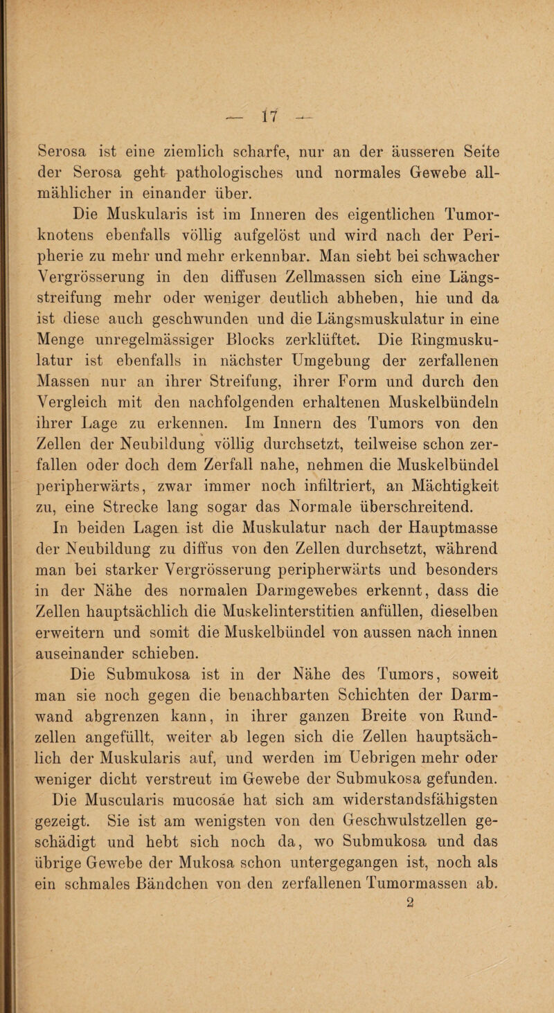 Serosa ist eine ziemlich scharfe, nur an der äusseren Seite der Serosa geht pathologisches und normales Gewebe all¬ mählicher in einander über. Die Muskularis ist im Inneren des eigentlichen Tumor¬ knotens ebenfalls völlig aufgelöst und wird nach der Peri¬ pherie zu mehr und mehr erkennbar. Man sieht bei schwacher Vergrösserung in den diffusen Zellmassen sich eine Längs¬ streifung mehr oder weniger deutlich abheben, hie und da ist diese auch geschwunden und die Längsmuskulatur in eine Menge unregelmässiger Pdocks zerklüftet. Die Ringmusku¬ latur ist ebenfalls in nächster Umgebung der zerfallenen Massen nur an ihrer Streifung, ihrer Form und durch den Vergleich mit den nachfolgenden erhaltenen Muskelbündeln ihrer Lage zu erkennen. Im Innern des Tumors von den Zellen der Neubildung völlig durchsetzt, teilweise schon zer¬ fallen oder doch dem Zerfall nahe, nehmen die Muskelbündel peripherwärts, zwar immer noch infiltriert, an Mächtigkeit zu, eine Strecke lang sogar das Normale überschreitend. In beiden Lagen ist die Muskulatur nach der Hauptmasse der Neubildung zu diffus von den Zellen durchsetzt, während man bei starker Vergrösserung peripherwärts und besonders in der Nähe des normalen Darmgewebes erkennt, dass die Zellen hauptsächlich die Muskelinterstitien anfüllen, dieselben erweitern und somit die Muskelbündel von aussen nach innen auseinander schieben. Die Submukosa ist in der Nähe des Tumors, soweit man sie noch gegen die benachbarten Schichten der Darm¬ wand abgrenzen kann, in ihrer ganzen Breite von Rund¬ zellen angefüllt, weiter ab legen sich die Zellen hauptsäch¬ lich der Muskularis auf, und werden im Uebrigen mehr oder weniger dicht verstreut im Gewebe der Submukosa gefunden. Die Muscularis mucosae hat sich am widerstandsfähigsten gezeigt. Sie ist am wenigsten von den Geschwulstzellen ge¬ schädigt und hebt sich noch da, wo Submukosa und das übrige Gewebe der Mukosa schon untergegangen ist, noch als ein schmales Bändchen von den zerfallenen Tumormassen ab. 2