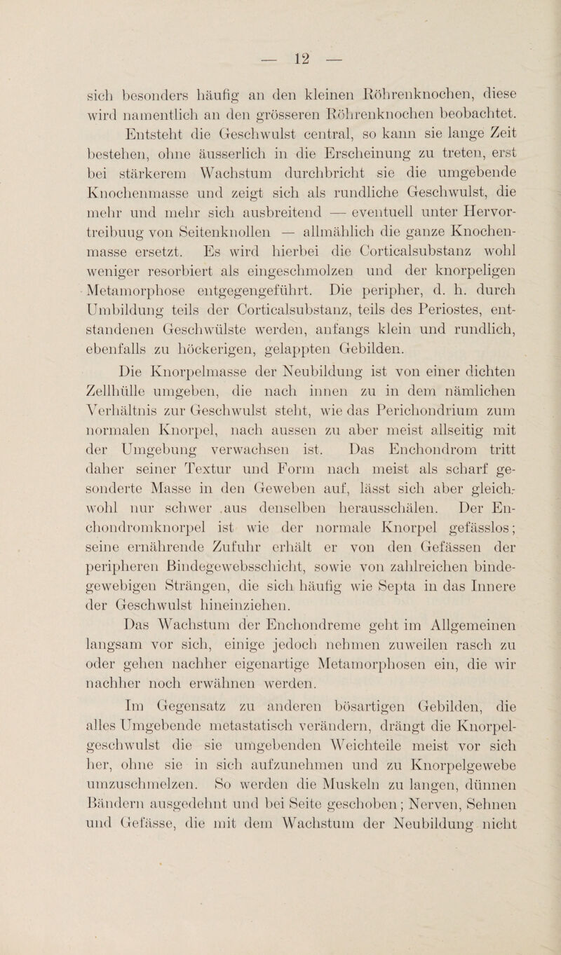 sich besonders häufig an den kleinen Röhrenknochen, diese wird namentlich an den grösseren Röhrenknochen beobachtet. Entsteht die Geschwulst central, so kann sie lange Zeit bestehen, ohne äusserlich in die Erscheinung zu treten, erst bei stärkerem Wachstum durchbricht sie die umgebende Knochenmasse und zeigt sich als rundliche Geschwulst, die mehr und mehr sich ausbreitend — eventuell unter Hervor- treibuug von Seitenknollen — allmählich die ganze Knochen¬ masse ersetzt. Es wird hierbei die Corticalsubstanz wohl weniger resorbiert als eingeschmolzen und der knorpeligen Metamorphose entgegengeführt. Die peripher, d. h. durch Umbildung teils der Corticalsubstanz, teils des Periostes, ent¬ standenen Geschwülste werden, anfangs klein und rundlich, ebenfalls zu höckerigen, gelappten Gebilden. Die Knorpelmasse der Neubildung ist von einer dichten Zellhülle umgeben, die nach innen zu in dem nämlichen Verhältnis zur Geschwulst steht, wie das Perichondrium zum normalen Knorpel, nach aussen zu aber meist allseitig mit der Umgebung verwachsen ist. Das Enchondrom tritt daher seiner Textur und Form nach meist als scharf ge¬ sonderte Masse in den Geweben auf, lässt sich aber gleich¬ wohl nur schwer aus denselben herausschälen. Der En- cliondromknorpel ist wie der normale Knorpel gefässlos; seine ernährende Zufuhr erhält er von den Gefässen der peripheren Bindegewebsschicht, sowie von zahlreichen binde¬ gewebigen Strängen, die sich häufig wie Septa in das Innere der Geschwulst hineinziehen. Das Wachstum der Enchondreme geht im Allgemeinen langsam vor sich, einige jedoch nehmen zuweilen rasch zu oder gehen nachher eigenartige Metamorphosen ein, die wir nachher noch erwähnen werden. Im Gegensatz zu anderen bösartigen Gebilden, die alles Umgebende nietastatisch verändern, drängt die Knorpel¬ geschwulst die sie umgebenden Weichteile meist vor sich her, ohne sie in sich aufzunehmen und zu Knorpelgewebe umzuschmelzen. So werden die Muskeln zu langen, dünnen Bändern ausgedehnt und bei Seite geschoben; Nerven, Sehnen und Gefässe, die mit dem Wachstum der Neubildung nicht