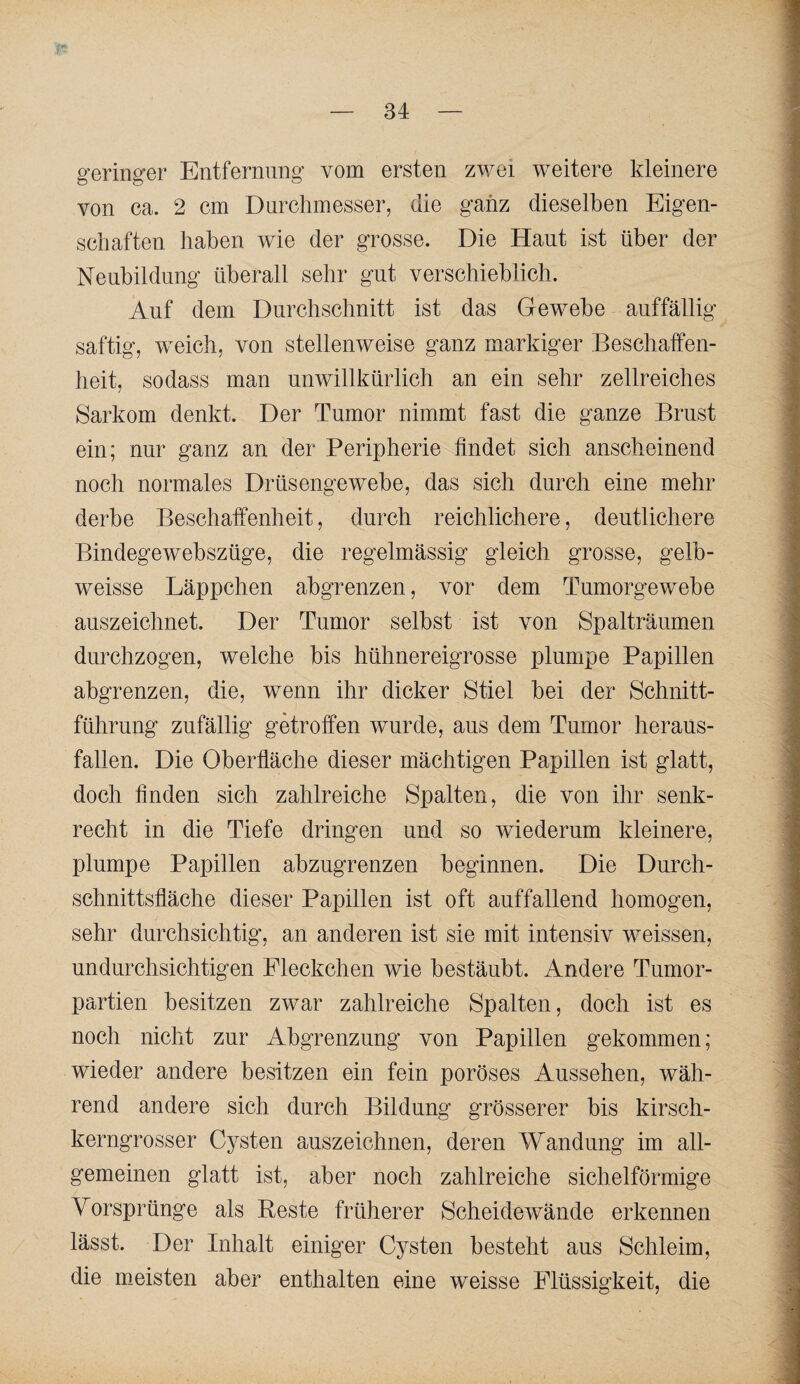 geringer Entfernung vom ersten zwei weitere kleinere von ca. 2 cm Durchmesser, die ganz dieselben Eigen¬ schaften haben wie der grosse. Die Haut ist über der Neubildung überall sehr gut verschieblich. Auf dem Durchschnitt ist das Gewebe auffällig saftig, weich, von stellenweise ganz markiger Beschaffen¬ heit, so dass man unwillkürlich an ein sehr zellreiches Sarkom denkt. Der Tumor nimmt fast die ganze Brust ein; nur ganz an der Peripherie findet sich anscheinend noch normales Drüsengewebe, das sich durch eine mehr derbe Beschaffenheit, durch reichlichere, deutlichere Bindegewebszüge, die regelmässig gleich grosse, gelb- weisse Läppchen abgrenzen, vor dem Tumorgewebe auszeichnet. Der Tumor selbst ist von Spalträumen durchzogen, welche bis hühnereigrosse plumpe Papillen abgrenzen, die, wenn ihr dicker Stiel bei der Schnitt¬ führung zufällig getroffen wurde, aus dem Tumor heraus¬ fallen. Die Oberfiäche dieser mächtigen Papillen ist glatt, doch finden sich zahlreiche Spalten, die von ihr senk¬ recht in die Tiefe dringen und so wiederum kleinere, plumpe Papillen abzugrenzen beginnen. Die Durch- schnittsfiäche dieser Papillen ist oft auffallend homogen, sehr durchsichtig, an anderen ist sie mit intensiv weissen, undurchsichtigen Fleckchen wie bestäubt. Andere Tumor¬ partien besitzen zwar zahlreiche Spalten, doch ist es noch nicht zur Abgrenzung von Papillen gekommen; wieder andere besitzen ein fein poröses Aussehen, wäh¬ rend andere sich durch Bildung grösserer bis kirsch¬ kerngrosser Cysten auszeichnen, deren Wandung im all¬ gemeinen glatt ist, aber noch zahlreiche sichelförmige Vorsprünge als Reste früherer Scheidewände erkennen lässt. Der Inhalt einiger Cysten besteht aus Schleim, die m.eisten aber enthalten eine weisse Flüssigkeit, die