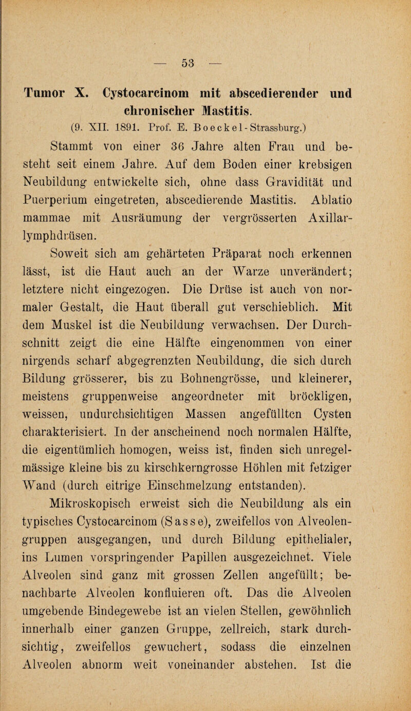 Tumor X. Cystocarcinom mit abscedierender und chronischer Mastitis. (9. XII. 1891. Prof. E. B o e c k e 1 - Strassburg.) Stammt von einer 36 Jahre alten Frau und be¬ steht seit einem Jahre. Auf dem Boden einer krebsigen Neubildung entwickelte sich, ohne dass Gravidität und Puerperium eingetreten, abscedierende Mastitis. Ablatio mammae mit Ausräumung der vergrösserten Axillar- lymphdrüsen. Soweit sich am gehärteten Präparat noch erkennen lässt, ist die Haut auch an der Warze unverändert; letztere nicht eingezogen. Die Drüse ist auch von nor¬ maler Gestalt, die Haut überall gut verschieblich. Mit dem Muskel ist die Neubildung verwachsen. Der Durch¬ schnitt zeigt die eine Hälfte eingenommen von einer nirgends scharf abgegrenzten Neubildung, die sich durch Bildung grösserer, bis zu Bohnengrösse, und kleinerer, meistens gruppenweise angeordneter mit bröckligen, weissen, undurchsichtigen Massen angefülltcn Cysten charakterisiert. In der anscheinend noch normalen Hälfte, die eigentümlich homogen, weiss ist, finden sich unregel¬ mässige kleine bis zu kirschkerngrosse Höhlen mit fetziger Wand (durch eitrige Einschmelzung entstanden). Mikroskopisch erweist sich die Neubildung als ein typisches Cystocarcinom (Sasse), zweifellos von Alveolen¬ gruppen ausgegangen, und durch Bildung epithelialer, ins Lumen vorspringender Papillen ausgezeichnet. Viele Alveolen sind ganz mit grossen Zellen angefüllt; be¬ nachbarte Alveolen konfiuieren oft. Das die Alveolen umgebende Bindegewebe ist an vielen Stellen, gewöhnlich innerhalb einer ganzen Gruppe, zellreich, stark durch¬ sichtig, zweifellos gewuchert, sodass die einzelnen Alveolen abnorm weit voneinander abstehen. Ist die