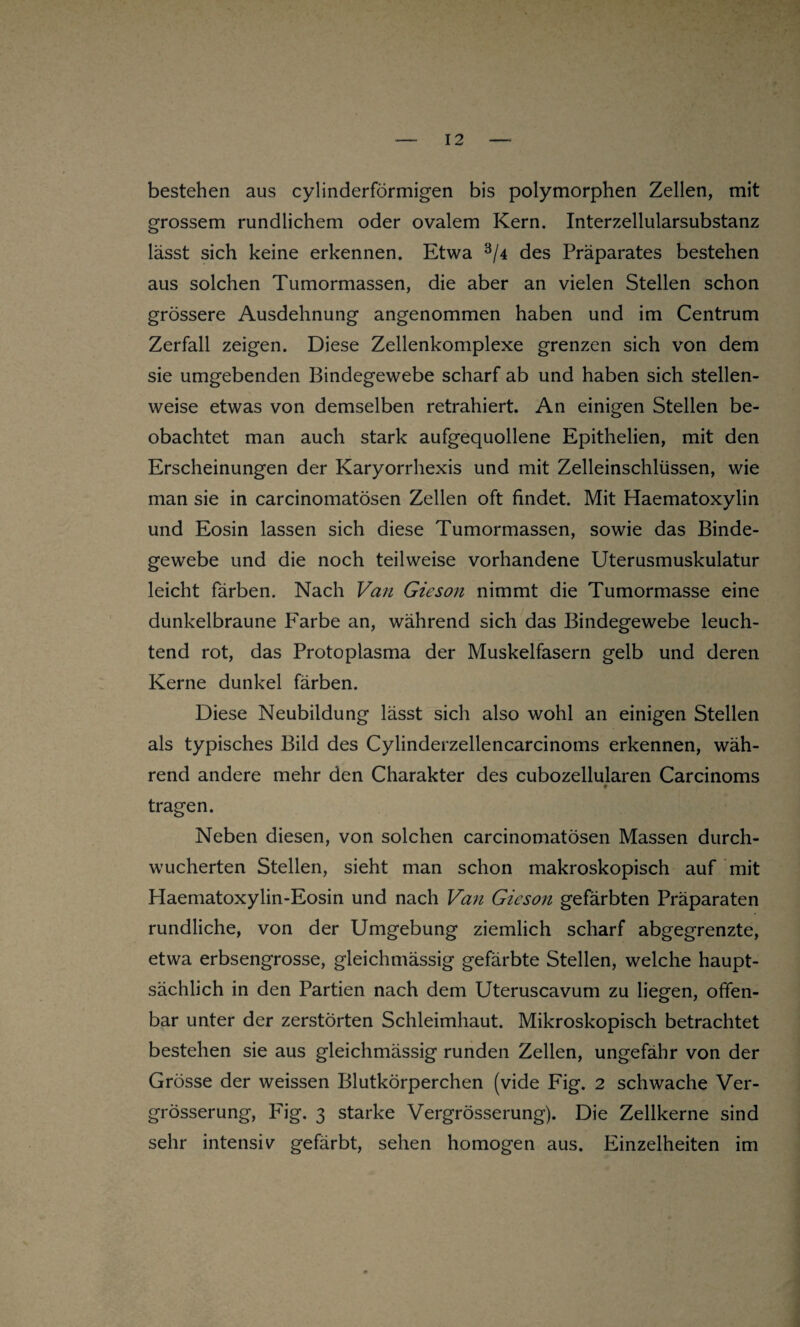 bestehen aus cylinderförmigen bis polymorphen Zellen, mit grossem rundlichem oder ovalem Kern. Interzellularsubstanz lässt sich keine erkennen. Etwa 3/4 des Präparates bestehen aus solchen Tumormassen, die aber an vielen Stellen schon grössere Ausdehnung angenommen haben und im Centrum Zerfall zeigen. Diese Zellenkomplexe grenzen sich von dem sie umgebenden Bindegewebe scharf ab und haben sich stellen¬ weise etwas von demselben retrahiert. An einigen Stellen be¬ obachtet man auch stark aufgequollene Epithelien, mit den Erscheinungen der Karyorrhexis und mit Zelleinschlüssen, wie man sie in carcinomatösen Zellen oft findet. Mit Haematoxylin und Eosin lassen sich diese Tumormassen, sowie das Binde¬ gewebe und die noch teilweise vorhandene Uterusmuskulatur leicht färben. Nach Vau Gieson nimmt die Tumormasse eine dunkelbraune Farbe an, während sich das Bindegewebe leuch¬ tend rot, das Protoplasma der Muskelfasern gelb und deren Kerne dunkel färben. Diese Neubildung lässt sich also wohl an einigen Stellen als typisches Bild des Cylinderzellencarcinoms erkennen, wäh¬ rend andere mehr den Charakter des cubozellularen Carcinoms 9 tragen. Neben diesen, von solchen carcinomatösen Massen durch¬ wucherten Stellen, sieht man schon makroskopisch auf mit Haematoxylin-Eosin und nach Van Gieson gefärbten Präparaten rundliche, von der Umgebung ziemlich scharf abgegrenzte, etwa erbsengrosse, gleichmässig gefärbte Stellen, welche haupt¬ sächlich in den Partien nach dem Uteruscavum zu liegen, offen¬ bar unter der zerstörten Schleimhaut. Mikroskopisch betrachtet bestehen sie aus gleichmässig runden Zellen, ungefähr von der Grösse der weissen Blutkörperchen (vide Fig. 2 schwache Ver- grösserung, Fig. 3 starke Vergrösserung). Die Zellkerne sind sehr intensiv gefärbt, sehen homogen aus. Einzelheiten im