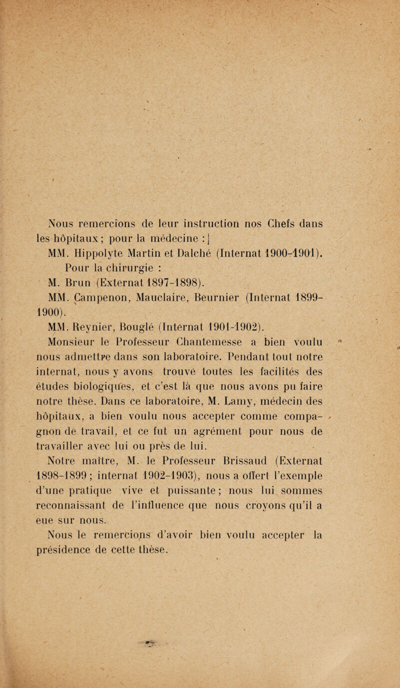 / Nous remercions de leur instruction nos Chefs dans les hôpitaux ; pour la médecine : ] MM. Hippolyte Martinet Dalché (Internat 1900-1901). Pour la chirurgie : M. Brun (Externat 1897-1898). MM. Campenon, Mauclaire, Beurnier (Internat 1899— 1900). MM. Reynier, Bougie (Internat 1901-1902). Monsieur le Professeur Chantemesse a bien voulu nous admettre dans son laboratoire. Pendant tout notre internat, nous y avons trouvé toutes les facilités des études biologiques, et c’est là que nous avons pu faire notre thèse. Dans ce laboratoire, M. Lamy, médecin des hôpitaux, a bien voulu nous accepter comme compa¬ gnon de travail, et ce fut un agrément pour nous de travailler avec lui ou près de lui. Notre maître, M. le Professeur Brissaud (Externat 1898-1899; internat 1902-1903), nous a offert l’exemple d’une pratique vive et puissante; nous lui sommes reconnaissant de l’influence que nous croyons qu’il a eue sur nous. Nous le remercions d’avoir bien voulu accepter la présidence de cette thèse. m-'+•