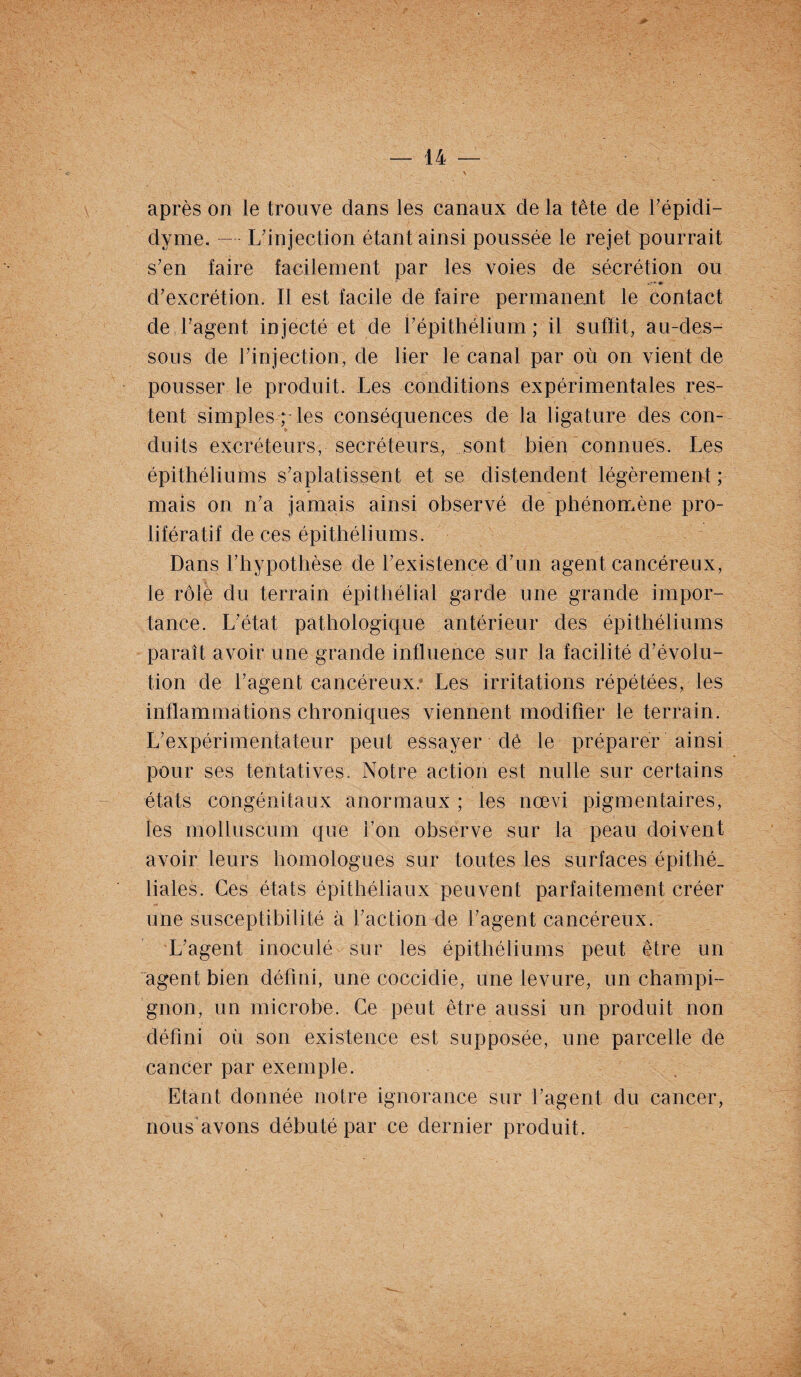 après on le trouve dans les canaux de la tête de l’épidi- dyme. — L’injection étant ainsi poussée le rejet pourrait s’en faire facilement par les voies de sécrétion ou d’excrétion. II est facile de faire permanent le contact de l’agent injecté et de l’épithélium ; il suffit, au-des¬ sous de l’injection, de lier le canal par où on vient de pousser le produit. Les conditions expérimentales res¬ tent simples ; les conséquences de la ligature des con- . duits excréteurs, secréteurs, sont bien connues. Les épithéliums s’aplatissent et se distendent légèrement ; mais on n’a jamais ainsi observé de phénomène pro¬ lifératif de ces épithéliums. Dans l’hypothèse de l’existence d’un agent cancéreux, le rôle du terrain épithélial garde une grande impor¬ tance. L’état pathologique antérieur des épithéliums paraît avoir une grande influence sur la facilité d’évolu¬ tion de l’agent cancéreux; Les irritations répétées, les inflammations chroniques viennent modifier le terrain. L’expérimentateur peut essayer dé le préparer ainsi pour ses tentatives. Notre action est nulle sur certains états congénitaux anormaux ; les nœvi pigmentaires, les molluscum que l’on observe sur la peau doivent avoir leurs homologues sur toutes les surfaces épithé_ liales. Ces états épithéliaux peuvent parfaitement créer une susceptibilité à l’action de l’agent cancéreux. L’agent inoculé sur les épithéliums peut être un agent bien défini, une coccidie, une levure, un champi¬ gnon, un microbe. Ce peut être aussi un produit non défini où son existence est supposée, une parcelle de cancer par exemple. Etant donnée notre ignorance sur l’agent du cancer, nous avons débuté par ce dernier produit.