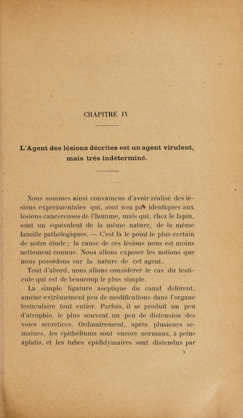 » CHAPITRE IV L’Agent des lésions décrites est un agent virulent, mais très indéterminé. Nous sommes ainsi convaincus d’avoir réalisé des lé¬ sions expérimentales qui, sont non pa^ identiques aux lésions cancéreuses de l’homme, mais qui, chez le lapin, sont un équivalent de la même nature, de la même famille pathologiques. — C’est là le point le plus certain de notre étude ; la cause de ces lésions nous est moins nettement connue. Nous allons exposer les notions que nous possédons sur la nature de cet agent. Tout d’abord, nous allons considérer le cas du testi- cule qui est de beaucoup le plus, simple. La simple ligature aseptique du canal déférent, amène extrêmement peu de modifications dans l’organe testiculaire tout entier. Parfois, il se produit un peu d’atrophie, le plus souvent un peu de distension des voies sécrétices. Ordinairement, après plusieurs se¬ maines, les épithéliums sont encore normaux, à peine aplatis, et les tubes épididymaires sont distendus par 3