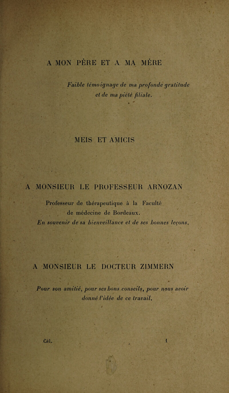 A MON PÈRE ET A MA MÈRE Faible témoignage de ma profonde gratitude et de ma piété filiale. MEIS ET AMICIS A MONSIEUR LE PROFESSEUR ARNOZAN Professeur de thérapeutique à la Faculté de médecine de Bordeaux. / En souvenir de sa bienveillance et de ses bonnes leçons. . ! f /■ A MONSIEUR LE DOCTEUR ZIMMERN ! * vV- /■'*' ■ # / • * Pour son amitié, pour ses bons conseils, pour nous avoir donné l’idée de ce travail. ■ i tè\. * 1