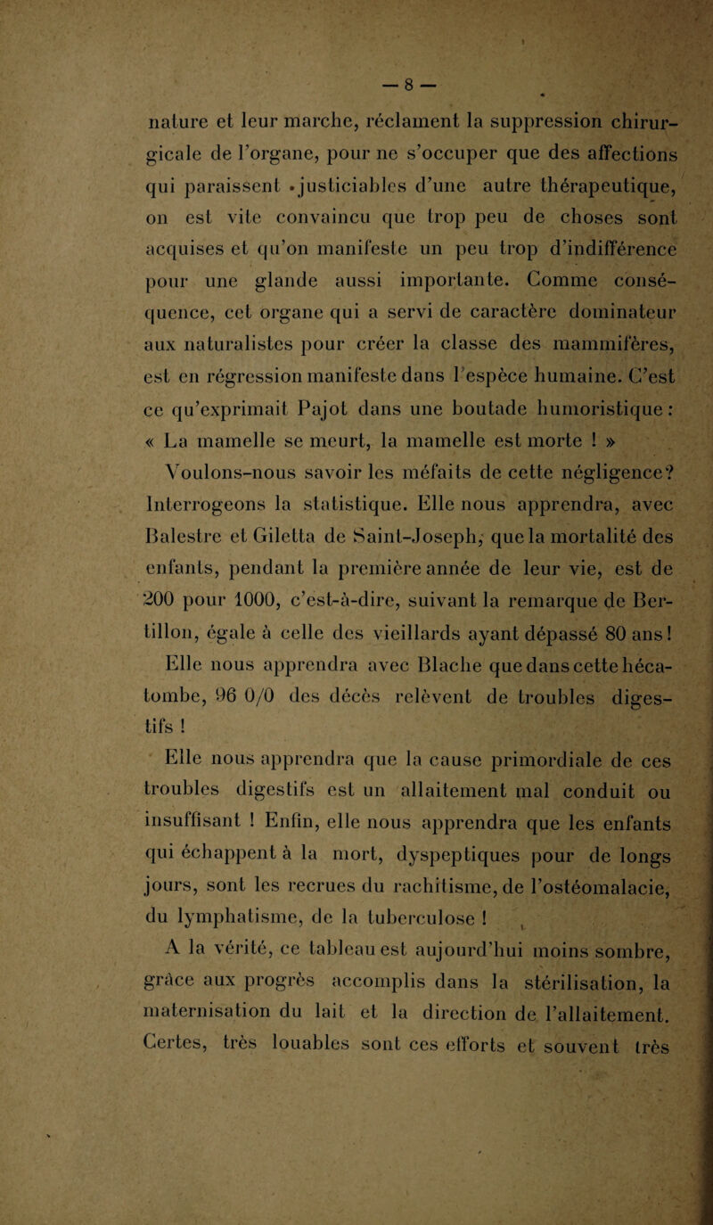 nature et leur marche, réclament la suppression chirur¬ gicale de l’organe, pour ne s’occuper que des affections qui paraissent .justiciables d’une autre thérapeutique, on est vite convaincu que trop peu de choses sont acquises et qu’on manifeste un peu trop d’indifférence pour une glande aussi importante. Gomme consé¬ quence, cet organe qui a servi de caractère dominateur aux naturalistes pour créer la classe des mammifères, est en régression manifeste dans l'espèce humaine. C’est ce qu’exprimait Pajot dans une boutade humoristique: « La mamelle se meurt, la mamelle est morte ! » Voulons-nous savoir les méfaits de cette négligence? Interrogeons la statistique. Elle nous apprendra, avec Balestre et Giletta de Saint-Joseph, que la mortalité des enfants, pendant la première année de leur vie, est de 200 pour 1000, c’est-à-dire, suivant la remarque de Ber¬ tillon, égale à celle des vieillards ayant dépassé 80 ans! Elle nous apprendra avec Blaclie que dans cette héca¬ tombe, 96 0/0 des décès relèvent de troubles diges¬ tifs ! Elle nous apprendra que la cause primordiale de ces troubles digestifs est un allaitement mal conduit ou insuffisant ! Enfin, elle nous apprendra que les enfants qui échappent à la mort, dyspeptiques pour de longs jours, sont les recrues du rachitisme, de l’ostéomalacie, du lymphatisme, de la tuberculose ! A la vérité, ce tableau est aujourd’hui moins sombre, grâce aux progrès accomplis dans la stérilisation, la maternisation du lait et la direction de l’allaitement. Certes, très louables sont ces etforts et souvent très