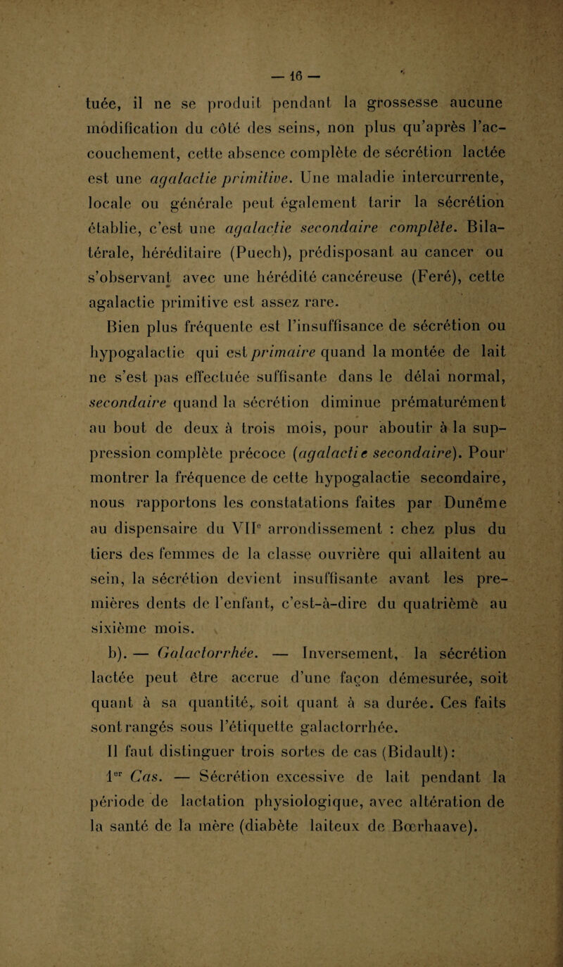tuée, il ne se produit pendant la grossesse aucune modification du côté des seins, non plus qu’après l’ac- couchement, cette absence complète de sécrétion lactée est une agalactie primitive. Une maladie intercurrente, locale ou générale peut également tarir la sécrétion établie, c’est une agalactie secondaire complète. Bila¬ térale, héréditaire (Puech), prédisposant au cancer ou s’observant avec une hérédité cancéreuse (Feré), cette agalactie primitive est assez rare. Bien plus fréquente est l’insuffisance de sécrétion ou hypogalactie qui est primaire quand la montée de lait ne s’est pas effectuée suffisante dans le délai normal, secondaire quand la sécrétion diminue prématurément au bout de deux à trois mois, pour aboutir à la sup¬ pression complète précoce (agalactie secondaire). Pour montrer la fréquence de cette hypogalactie secondaire, nous rapportons les constatations faites par Dunême au dispensaire du VIIe arrondissement : chez plus du tiers des femmes de la classe ouvrière qui allaitent au sein, la sécrétion devient insuffisante avant les pre¬ mières dents de l’enfant, c’est-à-dire du quatrième au sixième mois. b). — Galactorrhée. — Inversement, la sécrétion lactée peut être accrue d’une façon démesurée, soit quant à sa quantité,, soit quant à sa durée. Ces faits sont rangés sous l’étiquette galactorrhée. Il faut distinguer trois sortes de cas (Bidault): 1er Cas. — Sécrétion excessive de lait pendant la période de lactation physiologique, avec altération de la santé de la mère (diabète laiteux de Bœrhaave).
