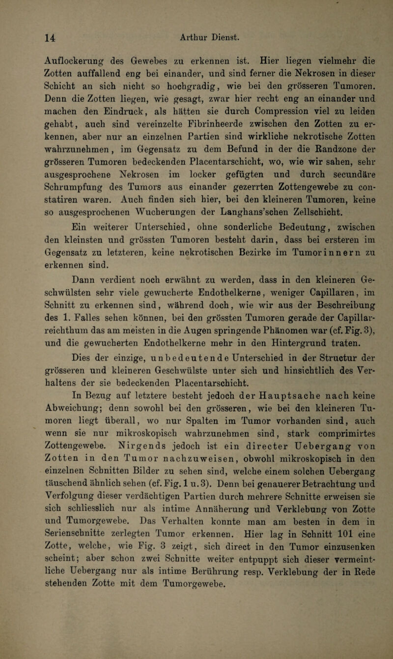 Auflockerung des Gewebes zu erkennen ist. Hier liegen vielmehr die Zotten auffallend eng bei einander, und sind ferner die Nekrosen in dieser Schicht an sich nicht so hochgradig, wie bei den grösseren Tumoren. Denn die Zotten liegen, wie gesagt, zwar hier recht eng an einander und machen den Eindruck, als hätten sie durch Compression viel zu leiden gehabt, auch sind vereinzelte Fibrinheerde zwischen den Zotten zu er¬ kennen, aber nur an einzelnen Partien sind wirkliche nekrotische Zotten wahrzunehmen, im Gegensatz zu dem Befund in der die Randzone der grösseren Tumoren bedeckenden Placentarschicht, wo, wie wir sahen, sehr ausgesprochene Nekrosen im locker gefügten und durch secundäre Schrumpfung des Tumors aus einander gezerrten Zottengewebe zu con- statiren waren. Auch finden sich hier, bei den kleineren Tumoren, keine so ausgesprochenen Wucherungen der Langhans’schen Zellschicht. Ein weiterer Unterschied, ohne sonderliche Bedeutung, zwischen den kleinsten und grössten Tumoren besteht darin, dass bei ersteren im Gegensatz zu letzteren, keine nekrotischen Bezirke im Tumorinnern zu erkennen sind. Dann verdient noch erwähnt zu werden, dass in den kleineren Ge¬ schwülsten sehr viele gewucherte Endothelkerne, weniger Capillaren, im Schnitt zu erkennen sind, während doch, wie wir aus der Beschreibung des 1. Falles sehen können, bei den grössten Tumoren gerade der Capillar- reichthum das am meisten in die Augen springende Phänomen war (cf. Fig. 3), und die gewucherten Endothelkerne mehr in den Hintergrund traten. Dies der einzige, unbedeutende Unterschied in der Structur der grösseren und kleineren Geschwülste unter sich und hinsichtlich des Ver¬ haltens der sie bedeckenden Placentarschicht. In Bezug auf letztere besteht jedoch der Hauptsache nach keine Abweichung; denn sowohl bei den grösseren, wie bei den kleineren Tu¬ moren liegt überall, wo nur Spalten im Tumor vorhanden sind, auch wenn sie nur mikroskopisch wahrzunehmen sind, stark comprimirtes Zottengewebe. Nirgends jedoch ist ein directer Uebergang von Zotten in den Tumor nachzuweisen, obwohl mikroskopisch in den einzelnen Schnitten Bilder zu sehen sind, welche einem solchen Uebergang täuschend ähnlich sehen (cf. Fig. 1 u.3). Denn bei genauerer Betrachtung und Verfolgung dieser verdächtigen Partien durch mehrere Schnitte erweisen sie sich schliesslich nur als intime Annäherung und Verklebung von Zotte und Tumorgewebe. Das Verhalten konnte man am besten in dem in Serienschnitte zerlegten Tumor erkennen. Hier lag in Schnitt 101 eine Zotte, welche, wie Fig. 3 zeigt, sich direct in den Tumor einzusenken scheint; aber schon zwei Schnitte weiter entpuppt sich dieser vermeint¬ liche Uebergang nur als intime Berührung resp. Verklebung der in Rede stehenden Zotte mit dem Tumorgewebe.