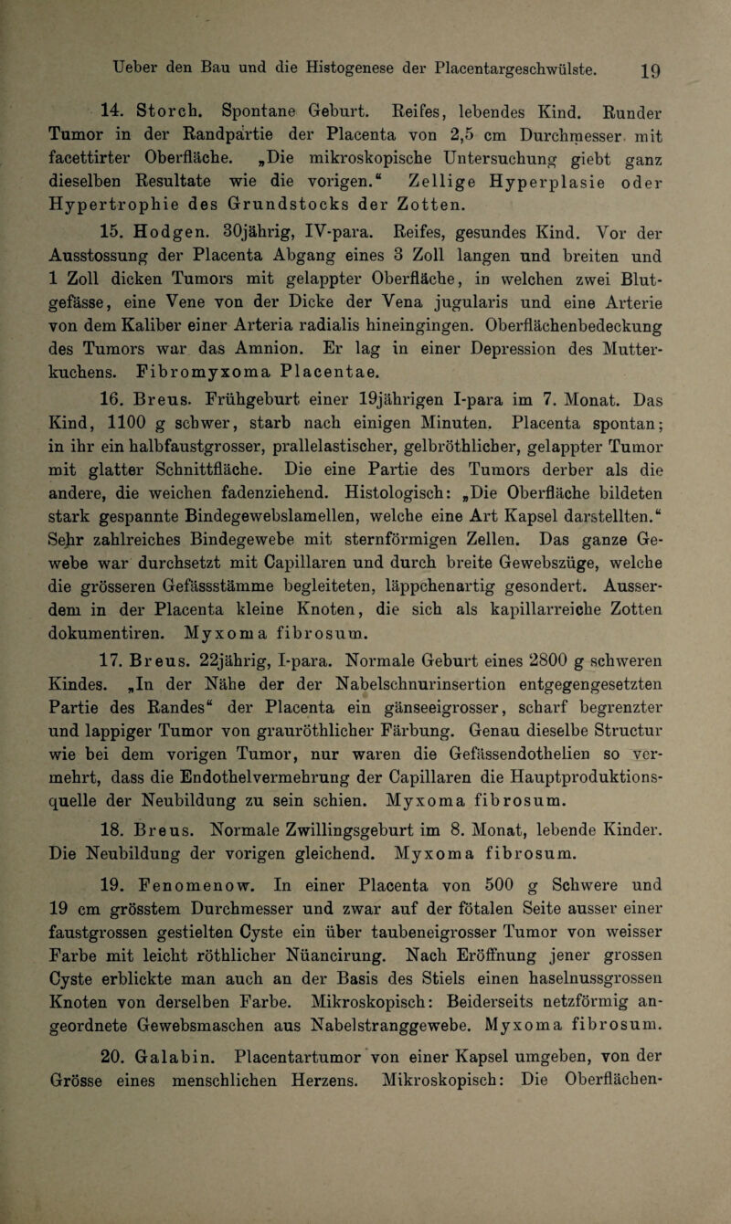 14. Storch. Spontane Geburt. Reifes, lebendes Kind. Runder Tumor in der Randpärtie der Placenta von 2,5 cm Durchmesser mit facettirter Oberfläche. „Die mikroskopische Untersuchung giebt ganz dieselben Resultate wie die vorigen.“ Zellige Hyperplasie oder Hypertrophie des Grundstocks der Zotten. 15. Hodgen. 30jährig, IV-para. Reifes, gesundes Kind. Vor der Ausstossung der Placenta Abgang eines 3 Zoll langen und breiten und 1 Zoll dicken Tumors mit gelappter Oberfläche, in welchen zwei Blut¬ gefässe, eine Vene von der Dicke der Vena jugularis und eine Arterie von dem Kaliber einer Arteria radialis hineingingen. Oberflächenbedeckung des Tumors war das Amnion. Er lag in einer Depression des Mutter¬ kuchens. Fibromyxoma Placentae. 16. Breus. Frühgeburt einer 19jährigen I-para im 7. Monat. Das Kind, 1100 g schwer, starb nach einigen Minuten. Placenta spontan; in ihr ein halbfaustgrosser, prallelastischer, gelbröthlicher, gelappter Tumor mit glatter Schnittfläche. Die eine Partie des Tumors derber als die andere, die weichen fadenziehend. Histologisch: „Die Oberfläche bildeten stark gespannte Bindegewebslamellen, welche eine Art Kapsel darstellten.“ Sehr zahlreiches Bindegewebe mit sternförmigen Zellen. Das ganze Ge¬ webe war durchsetzt mit Capillaren und durch breite Gewebszüge, welche die grösseren Gefässstämme begleiteten, läppchenartig gesondert. Ausser¬ dem in der Placenta kleine Knoten, die sich als kapillarreiche Zotten dokumentiren. Myxoma fibrosum. 17. B reus. 22jährig, I-para. Normale Geburt eines 2800 g schweren Kindes. „In der Nähe der der Nabelschnurinsertion entgegengesetzten Partie des Randes“ der Placenta ein gänseeigrosser, scharf begrenzter und lappiger Tumor von grauröthlicher Färbung. Genau dieselbe Structur wie bei dem vorigen Tumor, nur waren die Gefässendothelien so ver¬ mehrt, dass die Endothelvermehrung der Capillaren die Hauptproduktions¬ quelle der Neubildung zu sein schien. Myxoma fibrosum. 18. Breus. Normale Zwillingsgeburt im 8. Monat, lebende Kinder. Die Neubildung der vorigen gleichend. Myxoma fibrosum. 19. Fenomenow. In einer Placenta von 500 g Schwere und 19 cm grösstem Durchmesser und zwar auf der fötalen Seite ausser einer faustgrossen gestielten Cyste ein über taubeneigrosser Tumor von weisser Farbe mit leicht röthlicher Nüancirung. Nach Eröffnung jener grossen Cyste erblickte man auch an der Basis des Stiels einen haselnussgrossen Knoten von derselben Farbe. Mikroskopisch: Beiderseits netzförmig an¬ geordnete Gewebsmaschen aus Nabelstranggewebe. Myxoma fibrosum. 20. Galabin. Placentartumor von einer Kapsel umgeben, von der Grösse eines menschlichen Herzens. Mikroskopisch: Die Oberflächen-
