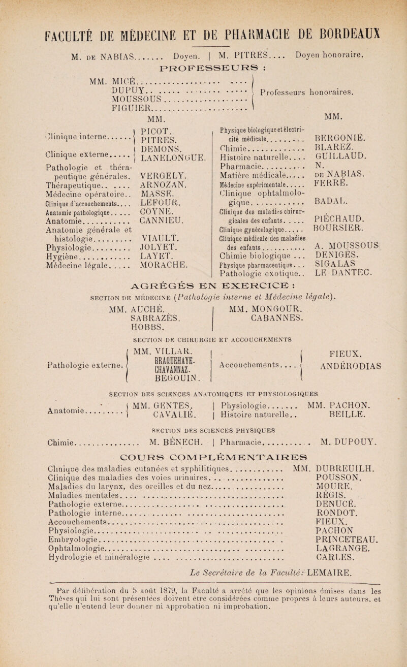 M. de NABIAS. Doyen. | M. PITRES- Doyen honoraire. PROFESSEURS : MM. MICE. DUPUY.. .. MOUSSOUS. FIGUIER.... MM. Professeurs honoraires. MM. Clinique interne. PICOT. PITRES. DEMONS. LANELONGUE. YERGELY. Clinique externe. Pathologie et théra¬ peutique générales. Thérapeutique. ARNOZAN. Médecine opératoire.. MASSE. Clinique d’accouchements.... LEFO U R. Anatomie pathologique. COYNE. Anatomie. CANN1EU. Anatomie générale et histologie. V1AULT. Physiologie. JOLYET. Hygiène. LAYET. Médecine légale. MORACHE. Physique biologique et électri¬ cité médicale.. BERGONIÉ. Chimie. BLAREZ. Histoire naturelle. ... GUIEEAUD. Pharmacie. N. Matière médicale. de NABIAS. Médecine expérimentale. FERRE. Clinique ophtalmolo¬ gique. BADAL. Clinique des maladies chirur¬ gicales des enfants. PIEGHAUD. Clinique gynécologique. BOURSIER. Clinique médicale des maladies des enfants. A. MOUSSOUS DENIGES. Chimie biologique .. Physique pharmaceutique. . . SIGALAS Pathologie exotique.. LE DANTEC. AGRÉGÉS EN EXERCICE : section de médecine (Pathologie interne et Médecine légale). MM. AUCHE. SABRAZÈS. HOBBS. MM. MONGOUR. CABANNES. SECTION DE CHIRURGIE ET ACCOUCHEMENTS MM. VILLA R. Pathologie externe. BRAÜUEHAYE- CHAVANNAZ. BEGOUIN Accouchements. .. FIEUX. ANDÉRODIAS Anatomie, SECTION DES SCIENCES ANATOMIQUES ET PHYSIOLOGIQUES MM. GENTES, | Physiologie. MM. PACHON. CAVALIE. Histoire naturelle.. BEILLE. SECTION DES SCIENCES PHYSIQUES Chimie..... M. BÉNECH. | Pharmacie.. . M. DUPOUY. COURS COMPLÉMENTAIRES Clinique des maladies cutanées et syphilitiques. MM. DUBREUILH. Clinique des maladies des voies urinaires. .. . POUSSON. Maladies du larynx, des oreilles et du nez. MOURE. Maladies mentales. REGIS. Pathologie externe. DENUCÉ. Pathologie interne... RONDOT. Accouchements.. FIEUX. Physiologie. PACHON Embryologie... PRINCETEAU. Ophtalmologie. LAGRANGE. Hydrologie et minéralogie. CARPES. Le Secrétaire de la Facilité: LEMAIRE. Par délibération du 5 août 1879, la Faculté a arrêté que les opinions émises dans les Thèmes qui lui sont présentées doivent être considérées comme propres à leurs auteurs, et qu’elle n’entend leur donner ni approbation ni improbation.