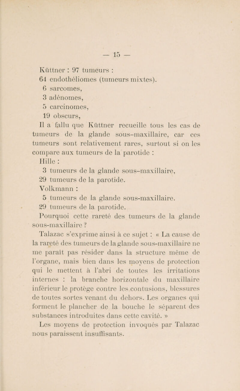 Ivüttncr : 97 tumeurs : G4 endothéliomes (tumeurs mixtes). 6 sarcomes, 3 adénomes, 5 carcinomes, 19 obscurs, Il a fallu que Ivüttner recueille tous les cas de tumeurs de la glande sous-maxillaire, car ces tumeurs sont relativement rares, surtout si on les compare aux tumeurs de la parotide : Hille : 3 tumeurs de la glande sous-maxillaire, 29 tumeurs de la parotide. Volkmann : 5 tumeurs de la glande sous-maxillaire. 29 tumeurs de la parotide. Pourquoi cette rareté des tumeurs de la glande sous-maxillaire ? Talazac s’exprime ainsi à ce sujet : « La cause de la rareté des tumeurs de la glande sous-maxillaire ne me paraît pas résider dans la structure même de l’organe, mais bien dans les moyens de protection qui le mettent à l’abri de toutes les irritations internes : la branche horizontale du maxillaire inférieur le protège contre les contusions, blessures de toutes sortes venant du dehors. Les organes qui forment le plancher de la bouche le séparent des substances introduites dans cette cavité. » Les moyens de protection invoqués par Talazac nous paraissent insuffisants.