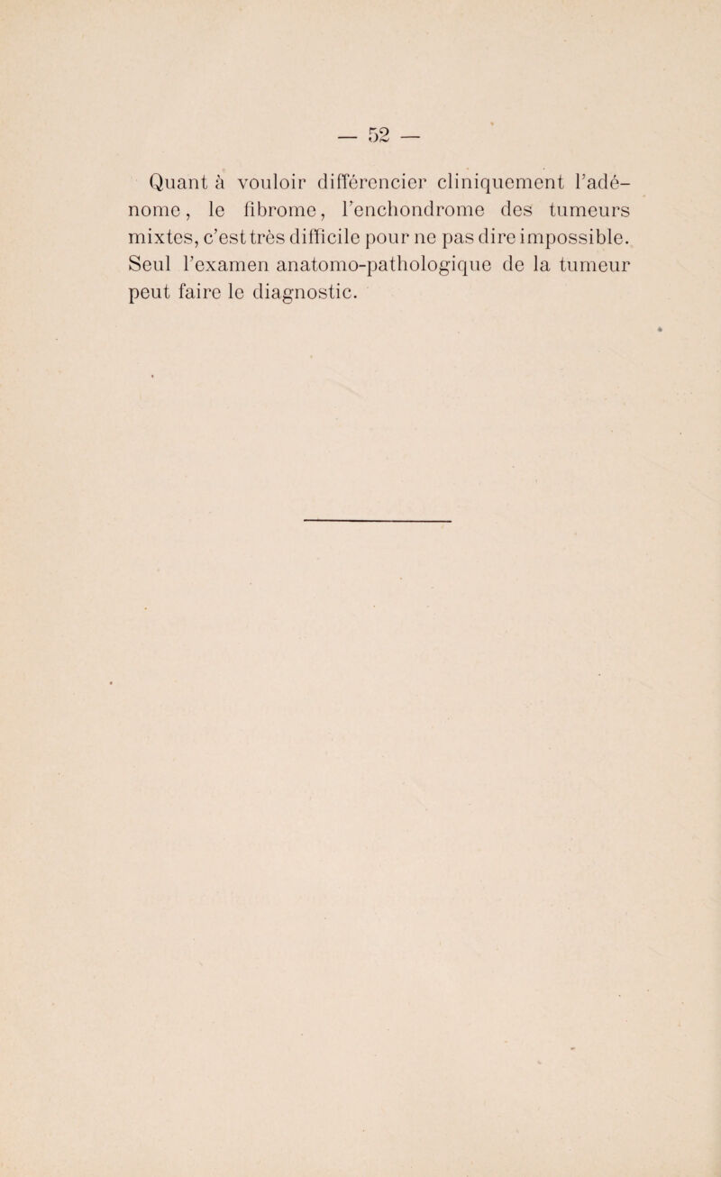 Quant à vouloir différencier cliniquement l'adé¬ nome , le fibrome, l’enchondrome des tumeurs mixtes, c’est très difficile pour ne pas dire impossible. Seul l’examen anatomo-pathologique de la tumeur peut faire le diagnostic.