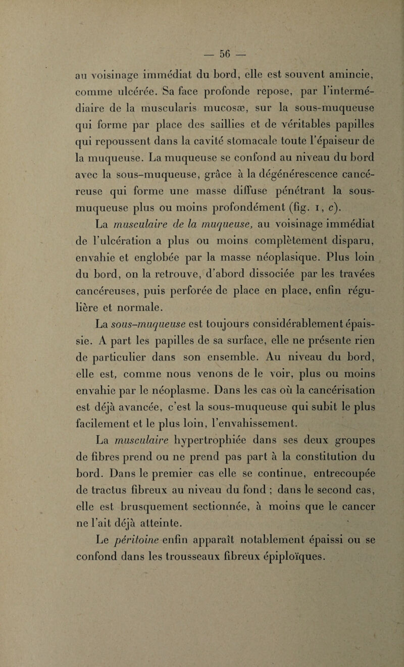 au voisinage immédiat du bord, elle est souvent amincie, comme ulcérée. Sa face profonde repose, par l’intermé¬ diaire de la muscularis mucosæ, sur la sous-muqueuse qui forme par place des saillies et de véritables papilles qui repoussent dans la cavité stomacale toute l’épaiseur de la muqueuse. La muqueuse se confond au niveau du bord avec la sous-muqueuse, grâce à la dégénérescence cancé¬ reuse qui forme une masse diffuse pénétrant la sous- muqueuse plus ou moins profondément (fig. i, c). La musculaire de la muqueuse, au voisinage immédiat de l’ulcération a plus ou moins complètement disparu, envahie et englobée par la masse néoplasique. Plus loin du bord, on la retrouve,' d’abord dissociée par les travées cancéreuses, puis perforée de place en place, enfin régu¬ lière et normale. La sous-mucjueuse est toujours considérablement épais¬ sie. A part les papilles de sa surface, elle ne présente rien de particulier dans son ensemble. Au niveau du bord, elle est, comme nous venons de le voir, plus ou moins envahie par le néoplasme. Dans les cas où la cancérisation est déjà avancée, c’est la sous-muqueuse qui subit le plus facilement et le plus loin, l’envahissement. La musculaire hypertrophiée dans ses deux groupes de fibres prend ou ne prend pas part à la constitution du bord. Dans le premier cas elle se continue, entrecoupée de tractus fibreux au niveau du fond ; dans le second cas, elle est brusquement sectionnée, à moins que le cancer ne l’ait déjà atteinte. Le péritoine enfin apparaît notablement épaissi ou se confond dans les trousseaux fibreux épiploïques.