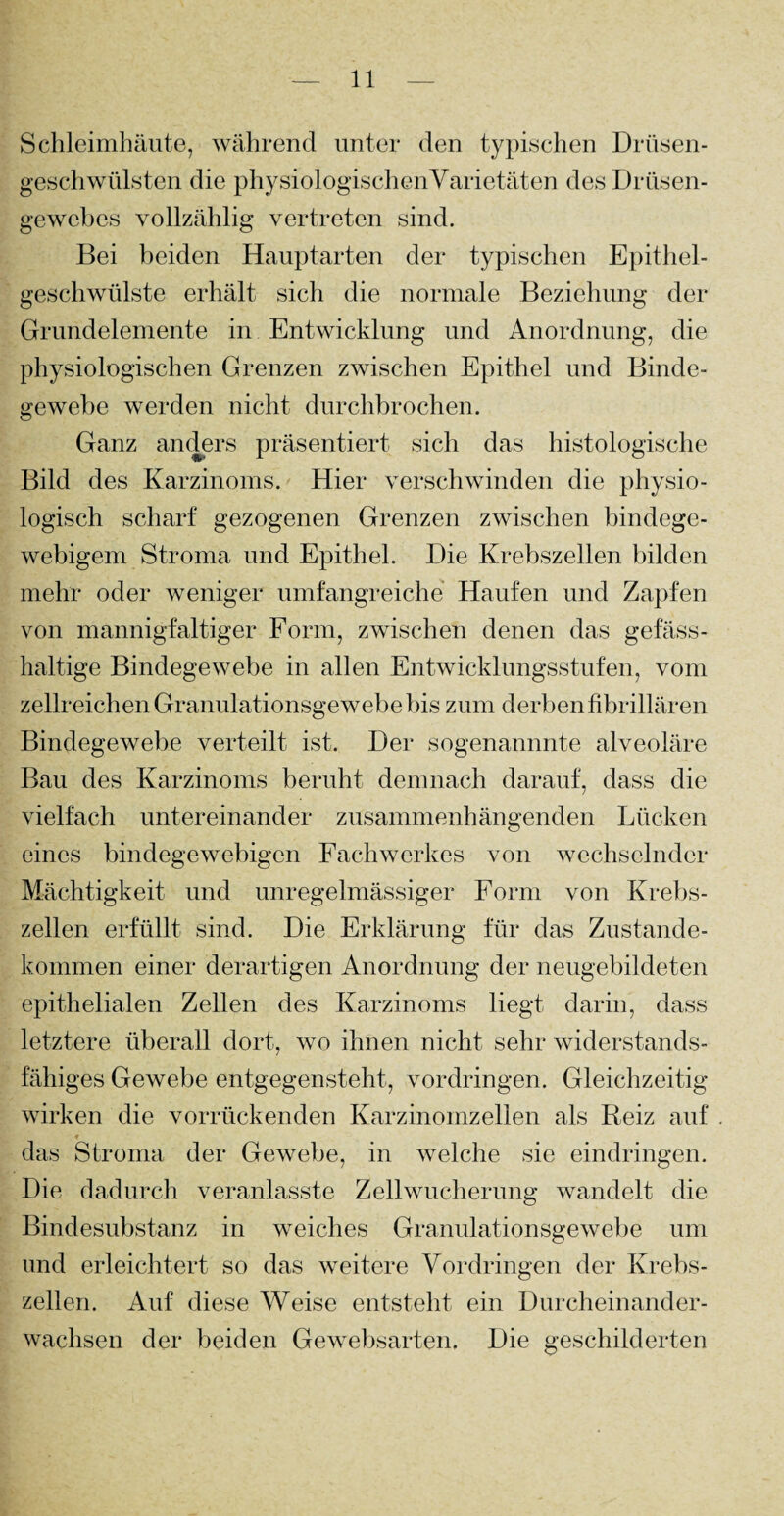 Schleimhäute, während unter den typischen Drüsen¬ geschwülsten die physiologischen Varietäten des Drüsen¬ gewebes vollzählig vertreten sind. Bei beiden Hauptarten der typischen Epithel¬ geschwülste erhält sich die normale Beziehung der Grundelemente in Entwicklung und Anordnung, die physiologischen Grenzen zwischen Epithel und Binde¬ gewebe werden nicht durchbrochen. Ganz anders präsentiert sich das histologische Bild des Karzinoms. Hier verschwinden die physio¬ logisch scharf gezogenen Grenzen zwischen bindege¬ webigem Stroma und Epithel. Die Krebszellen bilden mehr oder weniger umfangreiche Haufen und Zapfen von mannigfaltiger Form, zwischen denen das gefäss- haltige Bindegewebe in allen Entwicklungsstufen, vom zellreichen Granulationsgewebe bis zum derben fibrillären Bindegewebe verteilt ist. Der sogenannnte alveoläre Bau des Karzinoms beruht demnach darauf, dass die vielfach untereinander zusammenhängenden Lücken eines bindegewebigen Fachwerkes von wechselnder Mächtigkeit und unregelmässiger Form von Krebs¬ zellen erfüllt sind. Die Erklärung für das Zustande¬ kommen einer derartigen Anordnung der neugebildeten epithelialen Zellen des Karzinoms liegt darin, dass letztere überall dort, wo ihnen nicht sehr widerstands¬ fähiges Gewebe entgegensteht, Vordringen. Gleichzeitig wirken die vorrückenden Karzinomzellen als Reiz auf das Stroma der Gewebe, in welche sie eindringen. Die dadurch veranlasste Zellwucherung wandelt die Bindesubstanz in weiches Granulationsgewebe um und erleichtert so das weitere Vordringen der Krebs¬ zellen. Auf diese Weise entsteht ein Durcheinander¬ wachsen der beiden Ge websarten. Die geschilderten