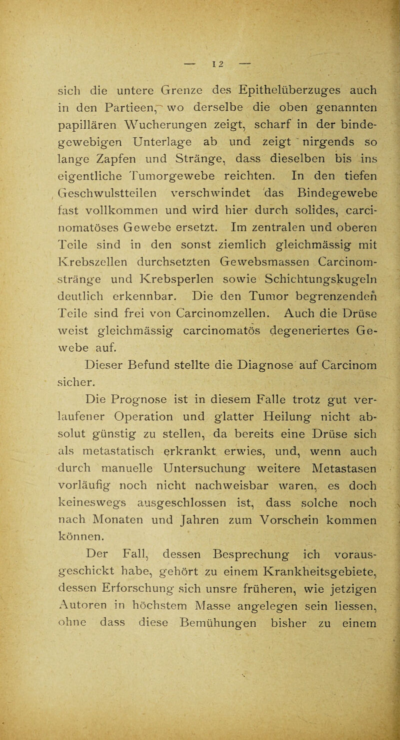 sich die untere Grenze des Epithelüberzuges auch in den Partieen, wo derselbe die oben genannten papillären Wucherungen zeigt, scharf in der binde¬ gewebigen Unterlage ab und zeigt nirgends so lange Zapfen und Stränge, dass dieselben bis ins eigentliche Tumorgewebe reichten. In den tiefen Geschwulstteilen verschwindet das Bindegewebe fast vollkommen und wird hier durch solides, carci- nomatöses Gewebe ersetzt. Im zentralen und oberen Teile sind in den sonst ziemlich gleichmässig mit Krebszellen durchsetzten Gewebsmassen Carcinom- sträng'e und Krebsperlen sowie Schichtungskugeln deutlich erkennbar. Die den Tumor begrenzenden Teile sind frei von Carcinomzellen. Auch die Drüse weist gleichmässig carcinomatös degeneriertes Ge¬ webe auf. Dieser Befund stellte die Diagnose auf Carcinom sicher. Die Prognose ist in diesem Falle trotz gut ver¬ laufener Operation und glatter Heilung nicht ab¬ solut günstig zu stellen, da bereits eine Drüse sich als metastatisch erkrankt erwies, und, wenn auch durch manuelle Untersuchung weitere Metastasen vorläufig noch nicht nachweisbar waren, es doch keineswegs ausgeschlossen ist, dass solche noch nach Monaten und Jahren zum Vorschein kommen können. Der Fall, dessen Besprechung ich voraus¬ geschickt habe, gehört zu einem Krankheitsgebiete, dessen Erforschung sich unsre früheren, wie jetzigen Autoren in höchstem Masse angelegen sein Hessen, ohne dass diese Bemühungen bisher zu einem