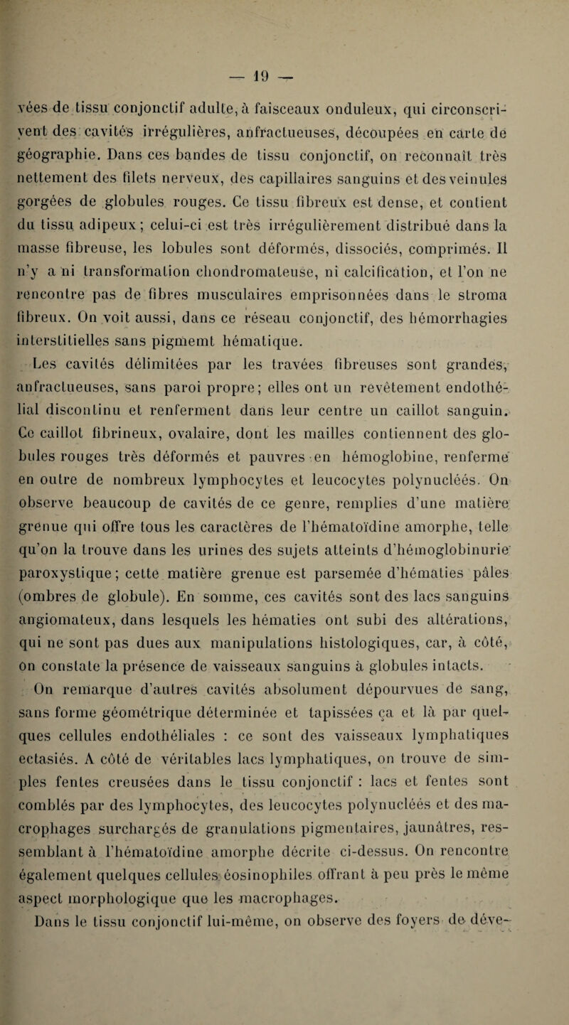 vées de tissu conjonctif adulte, à faisceaux onduleux, qui circonscri¬ vent des cavités irrégulières, anfractueuses, découpées en carte de géographie. Dans ces bandes de tissu conjonctif, on reconnaît très nettement des filets nerveux, des capillaires sanguins et des veinules gorgées de globules rouges. Ce tissu fibreux est dense, et contient du tissu adipeux; celui-ci est très irrégulièrement distribué dans la masse fibreuse, les lobules sont déformés, dissociés, comprimés. Il n’y a ni transformation cliondromateuse, ni calcification, et l’on ne rencontre pas de fibres musculaires emprisonnées dans le stroma « fibreux. On voit aussi, dans ce réseau conjonctif, des hémorrhagies interstitielles sans pigmemt hématique. Les cavités délimitées par les travées fibreuses sont grandes, anfractueuses, sans paroi propre; elles ont un revêtement endothé¬ lial discontinu et renferment dans leur centre un caillot sanguin. Ce caillot fibrineux, ovalaire, dont les mailles contiennent des glo¬ bules rouges très déformés et pauvres en hémoglobine, renferme en outre de nombreux lymphocytes et leucocytes polynucléés. On observe beaucoup de cavités de ce genre, remplies d’une matière grenue qui offre tous les caractères de l’hématoïdine amorphe, telle qu’on la trouve dans les urines des sujets atteints d’hémoglobinurie paroxystique; cette matière grenue est parsemée d’hématies pâles (ombres de globule). En somme, ces cavités sont des lacs sanguins angiomateux, dans lesquels les hématies ont subi des altérations, qui ne sont pas dues aux manipulations histologiques, car, à côté, on constate la présence de vaisseaux sanguins à globules intacts. On remarque d’autres cavités absolument dépourvues de sang, sans forme géométrique déterminée et tapissées ça et là par quel¬ ques cellules endothéliales : ce sont des vaisseaux lymphatiques ectasiés. A côté de véritables lacs lymphatiques, on trouve de sim¬ ples fentes creusées dans le tissu conjonctif : lacs et fentes sont comblés par des lymphocytes, des leucocytes polynucléés et des ma¬ crophages surchargés de granulations pigmentaires, jaunâtres, res¬ semblant à l’hématoïdine amorphe décrite ci-dessus. On rencontre également quelques cellules éosinophiles offrant à peu près le même aspect morphologique que les macrophages. Dans le tissu conjonctif lui-même, on observe des foyers de déve-