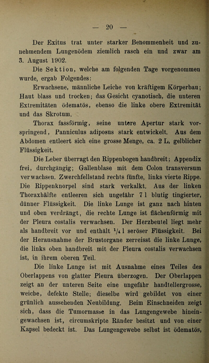 Der Exitus trat unter starker Benommenheit und zu¬ nehmendem Lungenödem ziemlich rasch ein und zwar am 3. August 1902. Die Sektion, welche am folgenden Tage vorgenommen wurde, ergab Folgendes: Erwachsene, männliche Leiche von kräftigem Körperbau; Haut blass und trocken; das Gesicht cyanotisch, die unteren Extremitäten ödematös, ebenso die linke obere Extremität und das Skrotum. Thorax fassförmig, seine untere Apertur stark vor¬ springend, Panniculus adiposus stark entwickelt. Aus dem Abdomen entleert sich eine grosse Menge, ca. 2 L, gelblicher Flüssigkeit, Die Leber überragt den Rippenbogen handbreit; Appendix frei, durchgängig; Gallenblase mit dem Colon transversum verwachsen. Zwerchfellstand rechts fünfte, links vierte Rippe. Die Rippenknorpel sind stark verkalkt. Aus der linken Thoraxhälfte entleeren sich ungefähr 71 blutig tingierter, dünner Flüssigkeit. Die linke Lunge ist ganz nach hinten und oben verdrängt, die rechte Lunge ist flächenförmig mit der Pleura costalis verwachsen. Der Herzbeutel liegt mehr als handbreit vor und enthält */* 1 seröser Flüssigkeit. Bei der Herausnahme der Brustorgane zerreisst die linke Lunge, die links oben handbreit mit der Pleura costalis verwachsen ist, in ihrem oberen Teil. Die linke Lunge ist mit Ausnahme eines Teiles des Oberlappens von glatter Pleura überzogen. Der Oberlappen zeigt an der unteren Seite eine ungefähr handtellergrosse, weiche, defekte Stelle; dieselbe wird gebildet von einer grünlich aussehenden Neubildung. Beim Einschneiden zeigt sich, dass die Tumormasse in das Lungengewebe hinein¬ gewachsen ist, circumskripte Ränder besitzt und von einer Kapsel bedeckt ist. Das Lungengewebe selbst ist ödematös,