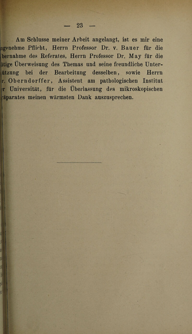 Am Schlüsse meiner Arbeit angelangt, ist es mir eine igenehme Pflicht, Herrn Professor Dr. v. Bauer für die bernahme des Referates, Herrn Professor Dr. May für die litige Überweisung des Themas und seine freundliche Unter- ützung bei der Bearbeitung desselben, sowie Herrn * * r. Oberndorffer, Assistent am pathologischen Institut |r Universität, für die Überlassung des mikroskopischen räparates meinen wärmsten Dank auszusprechen.