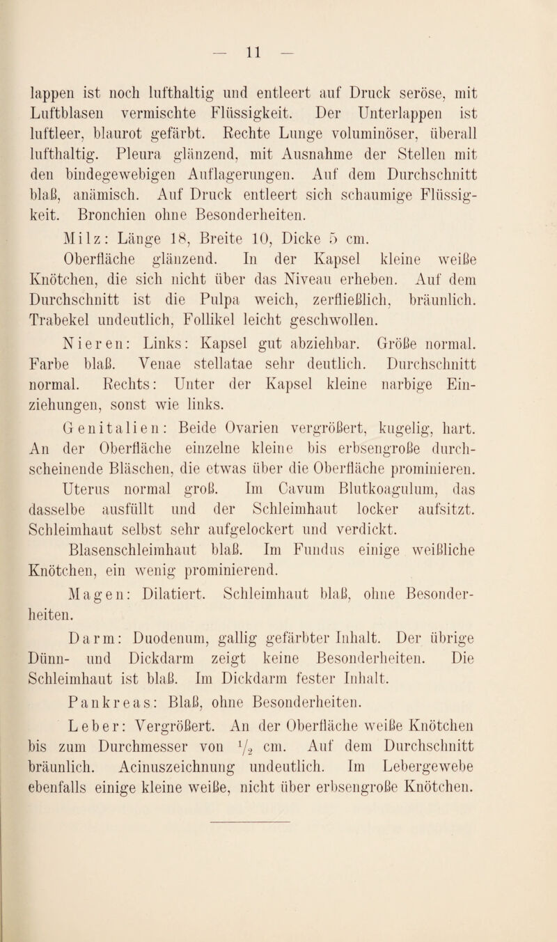 lappen ist noch lufthaltig und entleert auf Druck seröse, mit Luftblasen vermischte Flüssigkeit. Der Unterlappen ist luftleer, blaurot gefärbt. Rechte Lunge voluminöser, überall lufthaltig. Pleura glänzend, mit Ausnahme der Stellen mit den bindegewebigen Auflagerungen. Auf dem Durchschnitt blaß, anämisch. Auf Druck entleert sich schaumige Flüssig¬ keit. Bronchien ohne Besonderheiten. Milz: Länge 18, Breite 10, Dicke 5 cm. Oberfläche glänzend. In der Kapsel kleine weiße Knötchen, die sich nicht über das Niveau erheben. Auf dem Durchschnitt ist die Pulpa weich, zerfließlich, bräunlich. Trabekel undeutlich, Follikel leicht geschwollen. Nieren: Links: Kapsel gut abziehbar. Größe normal. Farbe blaß. Venae stellatae sehr deutlich. Durchschnitt normal. Rechts: Unter der Kapsel kleine narbige Ein¬ ziehungen, sonst wie links. Genitalien: Beide Ovarien vergrößert, kugelig, hart. An der Oberfläche einzelne kleine bis erbsengroße durch¬ scheinende Bläschen, die etwas über die Oberfläche prominieren. Uterus normal groß. Im Cavum Blutkoagulum, das dasselbe ausfüllt und der Schleimhaut locker aufsitzt. Schleimhaut selbst sehr aufgelockert und verdickt. Blasenschleimhaut blaß. Im Fundus einige weißliche Knötchen, ein wenig prominierend. Magen: Diktiert. Schleimhaut blaß, ohne Besonder¬ heiten. Darm: Duodenum, gallig gefärbter Inhalt. Der übrige Dünn- und Dickdarm zeigt keine Besonderheiten. Die Schleimhaut ist blaß. Im Dickdarm fester Inhalt. Pankreas: Blaß, ohne Besonderheiten. Leber: Vergrößert. An der Oberfläche weiße Knötchen bis zum Durchmesser von 1/2 cm. Auf dem Durchschnitt bräunlich. Acinuszeichnung undeutlich. Im Lebergewebe ebenfalls einige kleine weiße, nicht über erbsengroße Knötchen.