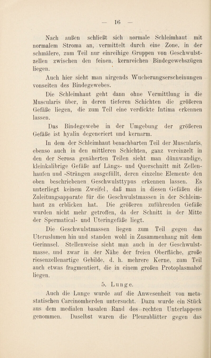 Nach außen schließt sich normale Schleimhaut mit normalem Stroma an, vermittelt durch eine Zone, in der schmälere, zum Teil nur einreihige Gruppen von Geschwulst¬ zellen zwischen den feinen, kernreichen Bindegewebszügen liegen. Auch hier sieht man nirgends Wucherungserseheinungen vonseiten des Bindegewebes. Die Schleimhaut geht dann ohne Vermittlung in die Muscularis über, in deren tieferen Schichten die größeren Gefäße liegen, die zum Teil eine verdickte Intima erkennen lassen. Das Bindegewebe in der Umgebung der größeren Gefäße ist hyalin degeneriert und kernarm. In dem der Schleimhaut benachbarten Teil der Muscularis. / ebenso auch in den mittleren Schichten, ganz vereinzelt in den der Serosa genäherten Teilen sieht man dünnwandige, kleinkalibrige Gefäße auf Längs- und Querschnitt mit Zellen- liaufen uud -Strängen ausgefüllt, deren einzelne Elemente den oben beschriebenen Geschwulsttypus erkennen lassen. Es unterliegt keinem Zweifel, daß man in diesen Gefäßen die Zuleitungsapparate für die Geschwulstmassen in der Schleim¬ haut zu erblicken hat. Die größeren zuführenden Gefäße wurden nicht mehr getroffen, da der Schnitt in der Mitte der Spermatical- und Uteringefäße liegt. Die Geschwulstmassen liegen zum Teil gegen das Uteruslumen hin und standen wohl in Zusammenhang mit dem Gerinnsel. Stellenweise sieht man auch in der Geschwulst¬ masse, und zwar in der Nähe der freien Oberfläche, große riesenzellenartige Gebilde, d. h. mehrere Kerne, zum Teil auch etwas fragmentiert, die in einem großen Protoplasmahof liegen. 5. Lunge. Auch die Lunge wurde auf die Anwesenheit von meta¬ statischen Carcinomherden untersucht. Dazu wurde ein Stück aus dem medialen basalen Rand des rechten Unterlappens genommen. Daselbst waren die Pleurablätter gegen das