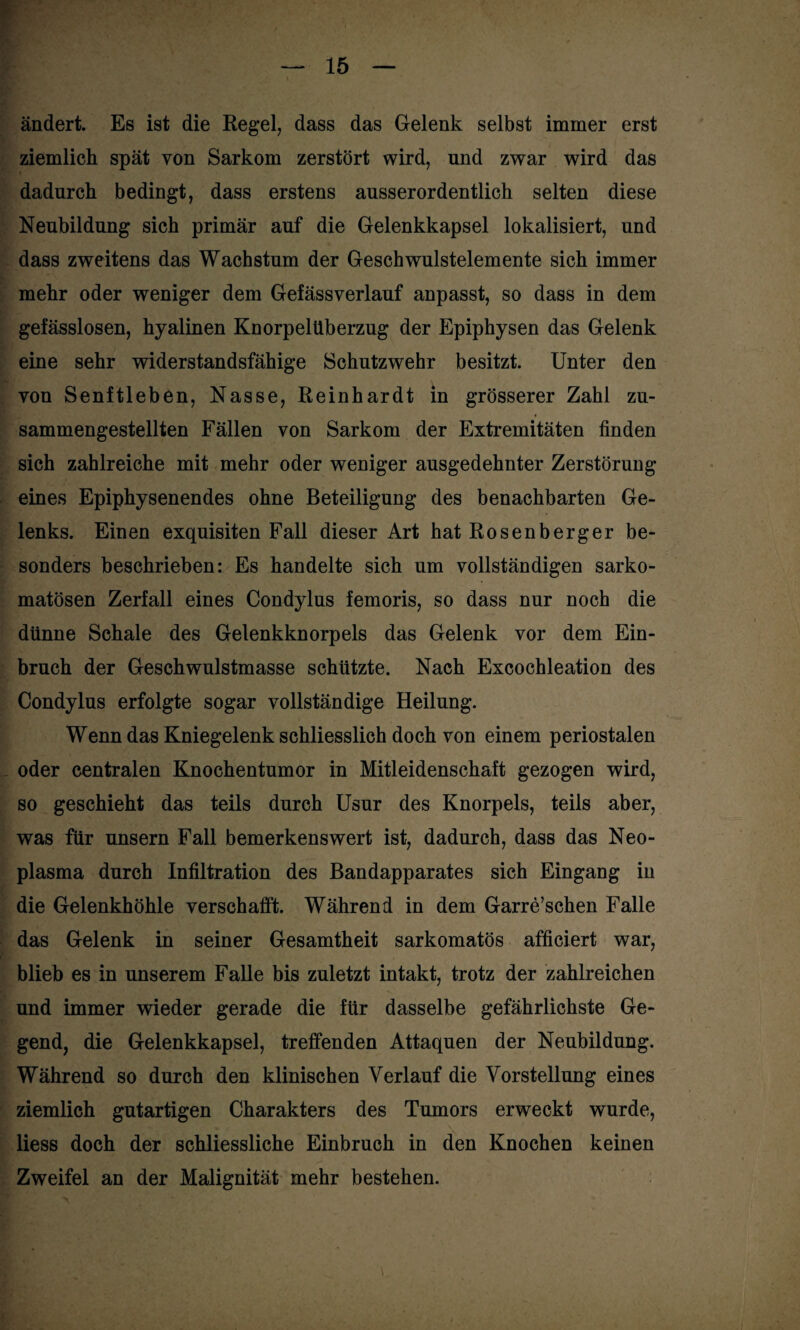 ändert. Es ist die Regel, dass das Gelenk selbst immer erst ziemlich spät von Sarkom zerstört wird, und zwar wird das dadurch bedingt, dass erstens ausserordentlich selten diese Neubildung sich primär auf die Gelenkkapsel lokalisiert, und dass zweitens das Wachstum der Geschwulstelemente sich immer mehr oder weniger dem Gefässverlauf anpasst, so dass in dem gefässlosen, hyalinen Knorpelüberzug der Epiphysen das Gelenk eine sehr widerstandsfähige Schutzwehr besitzt. Unter den von Senftleben, Nasse, Reinhardt in grösserer Zahl zu¬ sammengestellten Fällen von Sarkom der Extremitäten finden sich zahlreiche mit mehr oder weniger ausgedehnter Zerstörung eines Epiphysenendes ohne Beteiligung des benachbarten Ge¬ lenks. Einen exquisiten Fall dieser Art hat Rosenberger be¬ sonders beschrieben: Es handelte sich um vollständigen sarko- matösen Zerfall eines Condylus femoris, so dass nur noch die dünne Schale des Gelenkknorpels das Gelenk vor dem Ein¬ bruch der Geschwulstmasse schützte. Nach Excochleation des Condylus erfolgte sogar vollständige Heilung. Wenn das Kniegelenk schliesslich doch von einem periostalen oder centralen Knochentumor in Mitleidenschaft gezogen wird, so geschieht das teils durch Usur des Knorpels, teils aber, was für unsern Fall bemerkenswert ist, dadurch, dass das Neo¬ plasma durch Infiltration des Bandapparates sich Eingang in die Gelenkhöhle verschafft. Während in dem Garre’schen Falle das Gelenk in seiner Gesamtheit sarkomatös afficiert war, blieb es in unserem Falle bis zuletzt intakt, trotz der zahlreichen und immer wieder gerade die für dasselbe gefährlichste Ge¬ gend, die Gelenkkapsel, treffenden Attaquen der Neubildung. Während so durch den klinischen Verlauf die Vorstellung eines ziemlich gutartigen Charakters des Tumors erweckt wurde, liess doch der schliessliche Einbruch in den Knochen keinen Zweifel an der Malignität mehr bestehen.