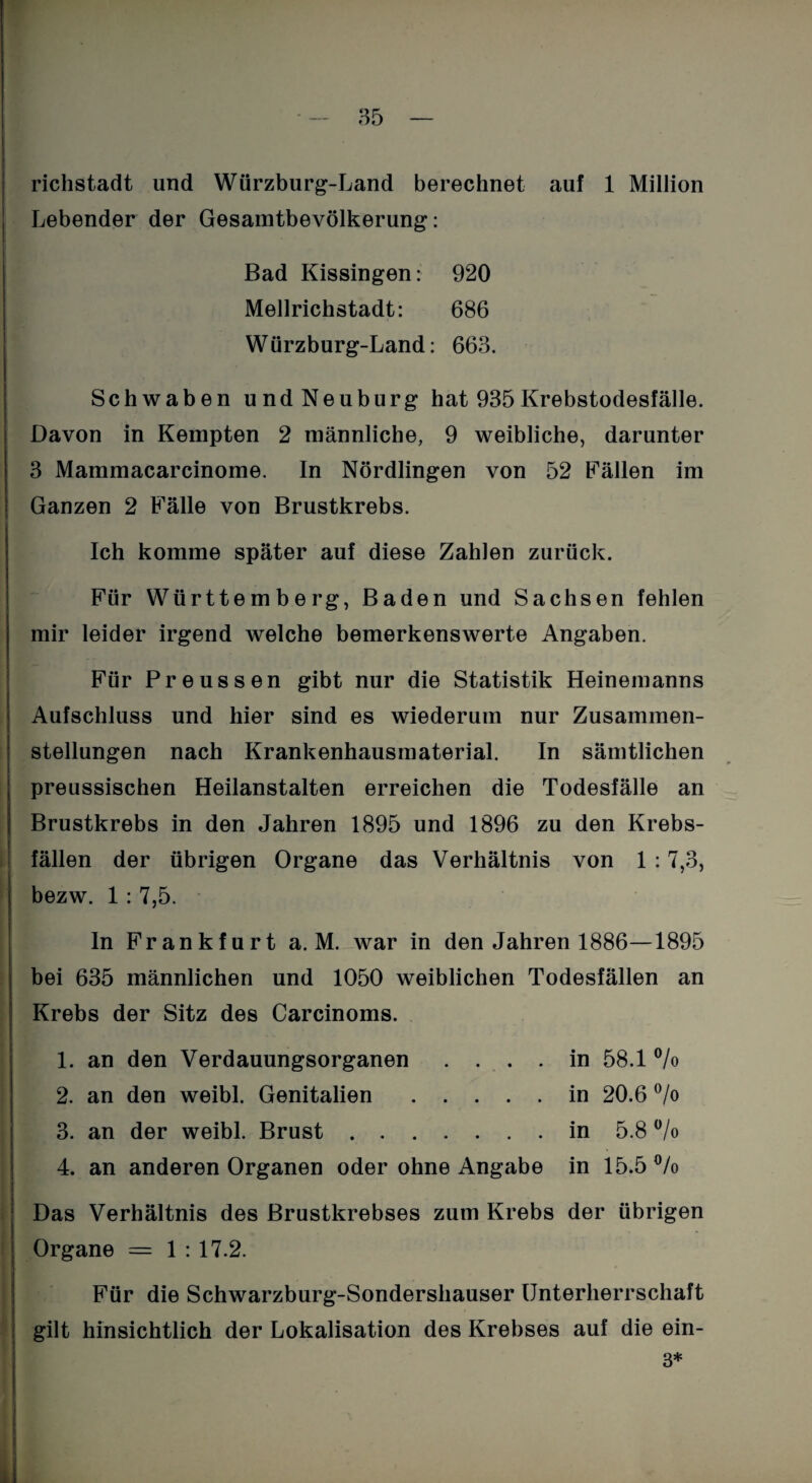 richstadt und Würzburg-Land berechnet auf 1 Million Lebender der Gesamtbevölkerung: Bad Kissingen: 920 Mellrichstadt: 686 Würzburg-Land: 663. Schwaben undNeuburg hat 935 Krebstodesfälle. Davon in Kempten 2 männliche, 9 weibliche, darunter 3 Mammacarcinome. In Nördlingen von 52 Fällen im Ganzen 2 Fälle von Brustkrebs. Ich komme später auf diese Zahlen zurück. Für Württemberg, Baden und Sachsen fehlen mir leider irgend welche bemerkenswerte Angaben. Für Preussen gibt nur die Statistik Heinemanns Aufschluss und hier sind es wiederum nur Zusammen¬ stellungen nach Krankenhausmaterial. In sämtlichen preussischen Heilanstalten erreichen die Todesfälle an Brustkrebs in den Jahren 1895 und 1896 zu den Krebs¬ fällen der übrigen Organe das Verhältnis von 1 :7,3, bezw. 1: 7,5. In Frankfurt a. M. war in den Jahren 1886—1895 bei 635 männlichen und 1050 weiblichen Todesfällen an Krebs der Sitz des Carcinoms. 1. an den Verdauungsorganen .... in 58.1 % 2. an den weibl. Genitalien.in 20.6 °/o 3. an der weibl. Brust.in 5.8 °/o 4. an anderen Organen oder ohne Angabe in 15.5 °/o Das Verhältnis des Brustkrebses zum Krebs der übrigen Organe = 1 : 17.2. Für die Schwarzburg-Sondershauser Unterherrschaft gilt hinsichtlich der Lokalisation des Krebses auf die ein- 3*